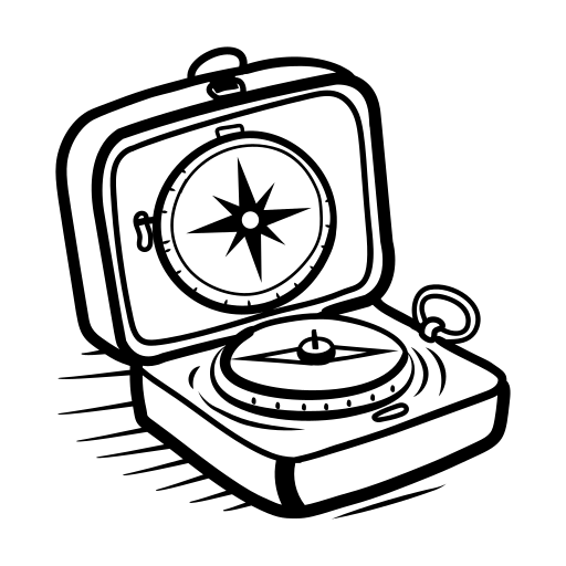 Black and white drawing of an open compass inside a square case, with the compass needle and cardinal directions visible.