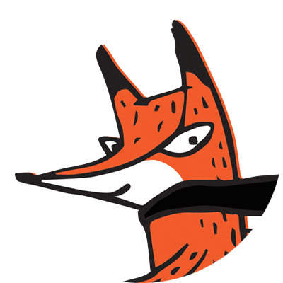 Stylized illustration of an orange and black fox face with bold lines and a white snout, shown inside a circular frame.