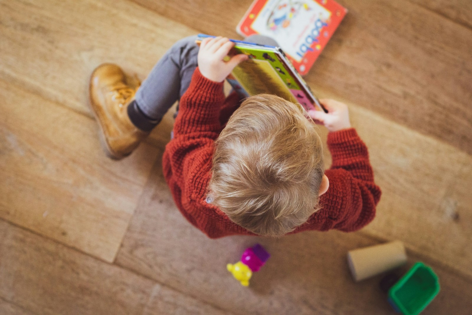 sitting toddler in red sweater holding book