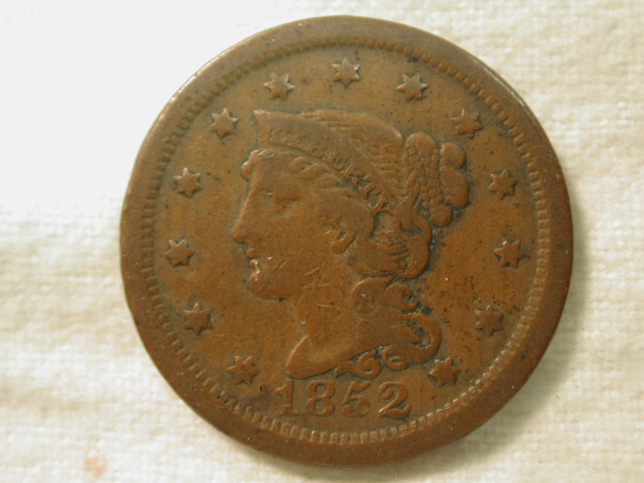 1852 U.S. Large Cent Braided Hair Type Fine