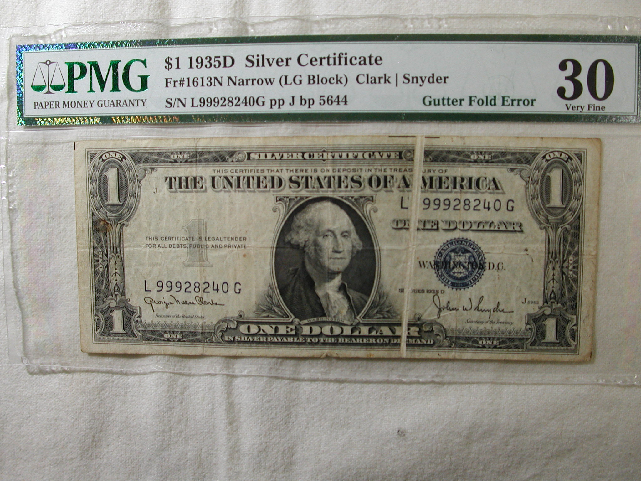 1935D $1 Silver Certificate Gutter Fold Error PMG Very Fine Fr #1613N Narrow