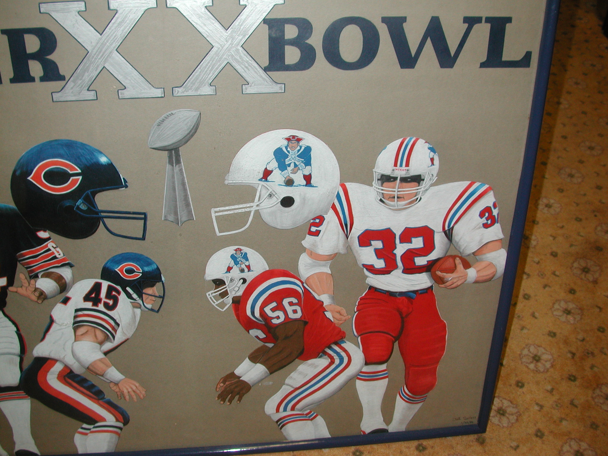 Superbowl XX 1986 Chicago Bears vs New England Patriots original Jeff  Sellers art