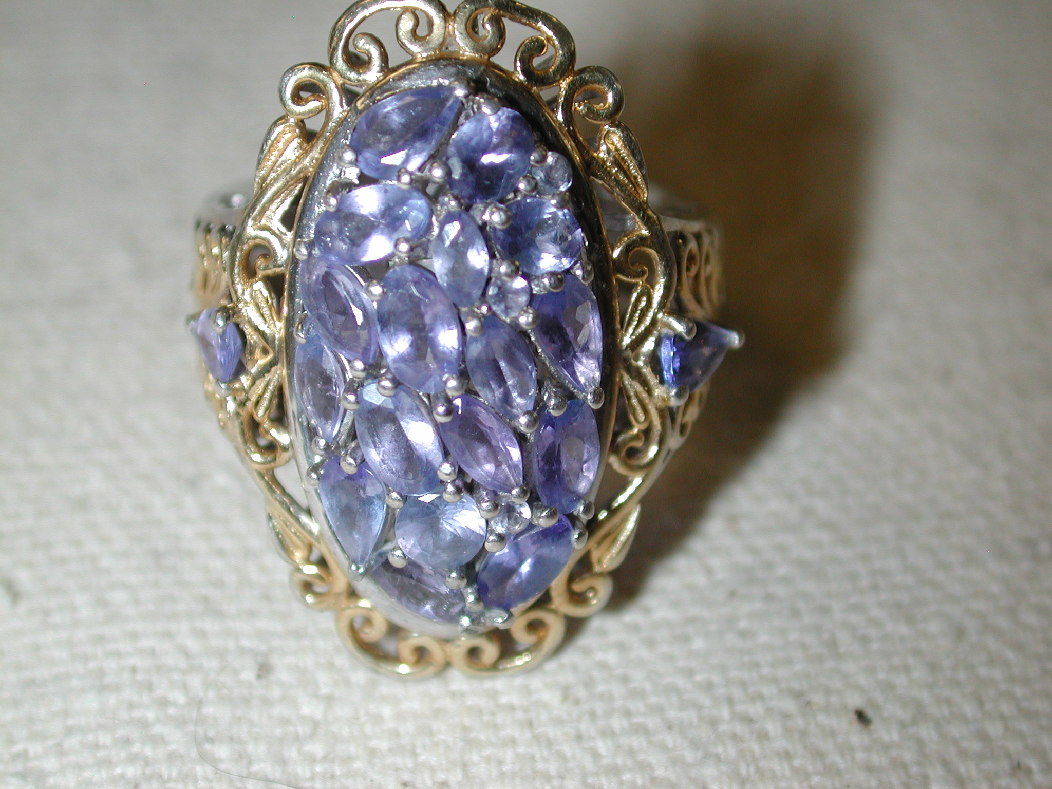Tanzanite two tone ring 21 stones 3+ carats Sterling Gold Vermeil Filigree size 7