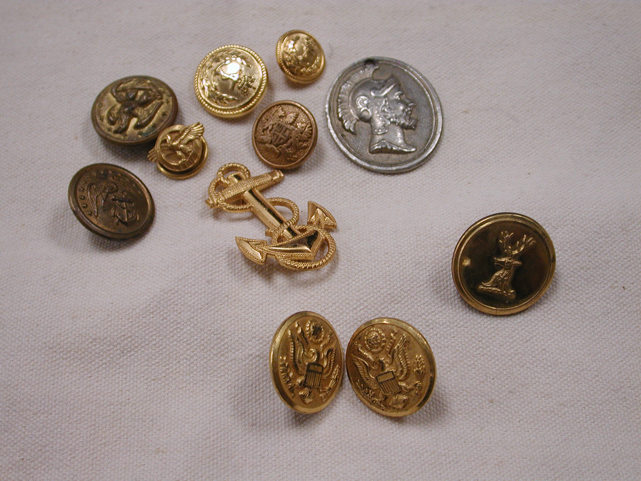 Lot of 11 Pins and Buttons Gold Brass Eagle Military Deer Buck