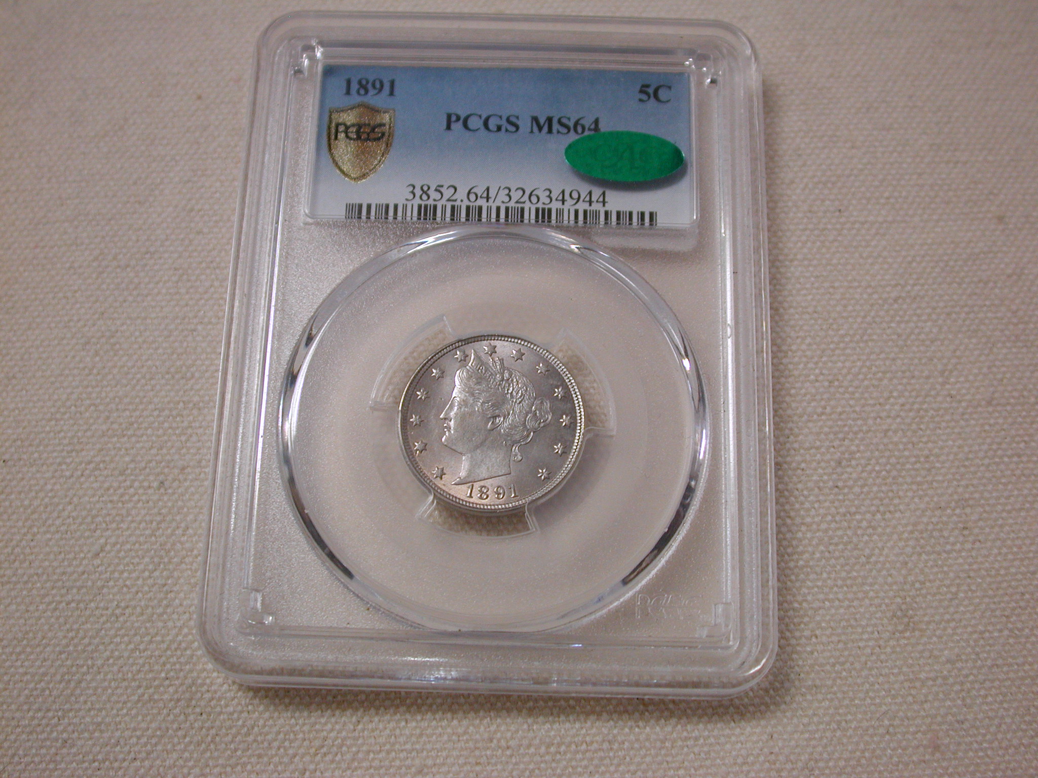 1891 Five Cent Liberty Nickel PCGS Shield Certified MS 64 Golden Toned CAC