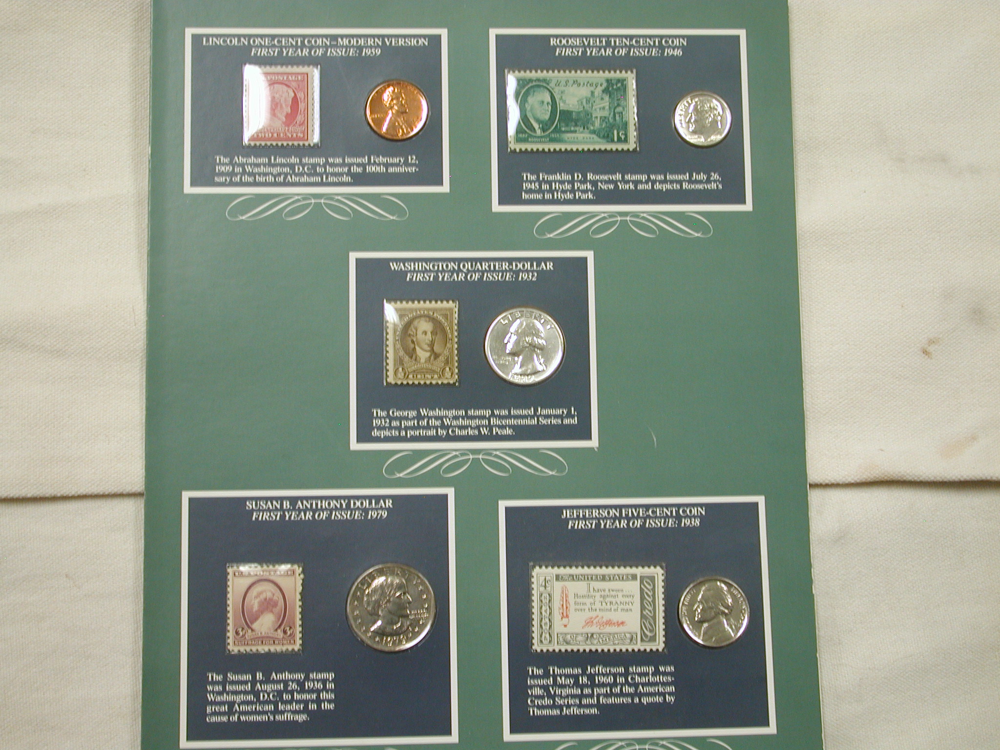 Lincoln Roosevelt Washington Jefferson 1st Day Issue Coin Stamp Set