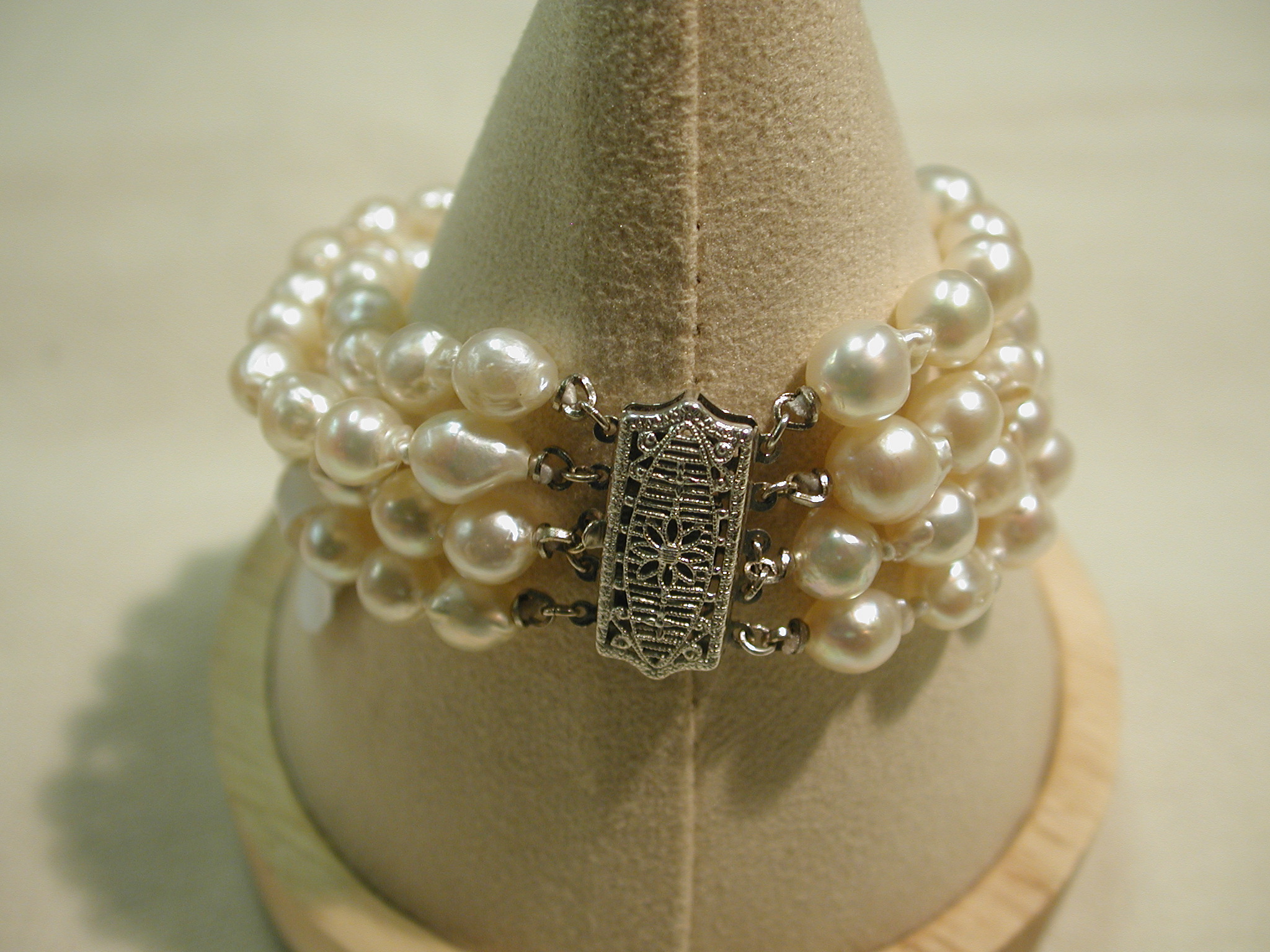 14KT white gold Baroque Pearl  4 strand Bracelet filigree clasp  7 inches