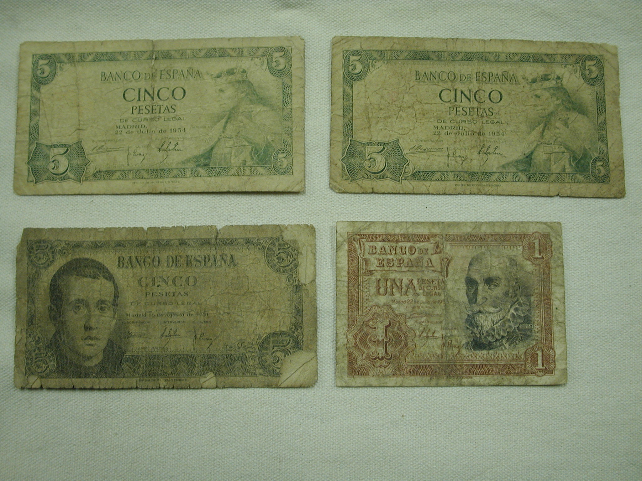 Assorted Spain Cinco Pesetas Currency 1954 - 4 Pieces Circulated