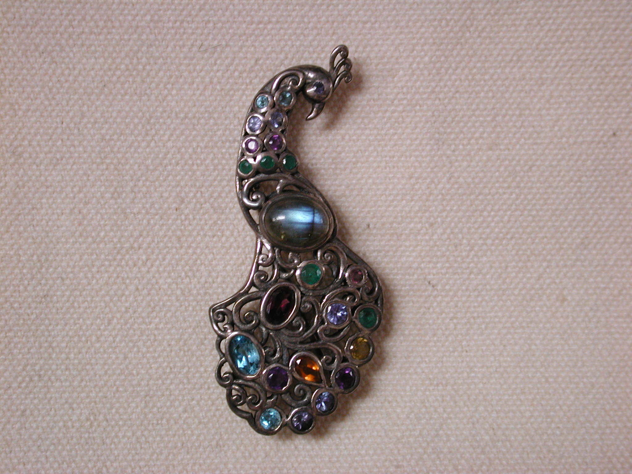 Sterling Peacock Emerald-Topaz-Garnet-Citrine-Quartz  Pin/Pendant 2 Inches
