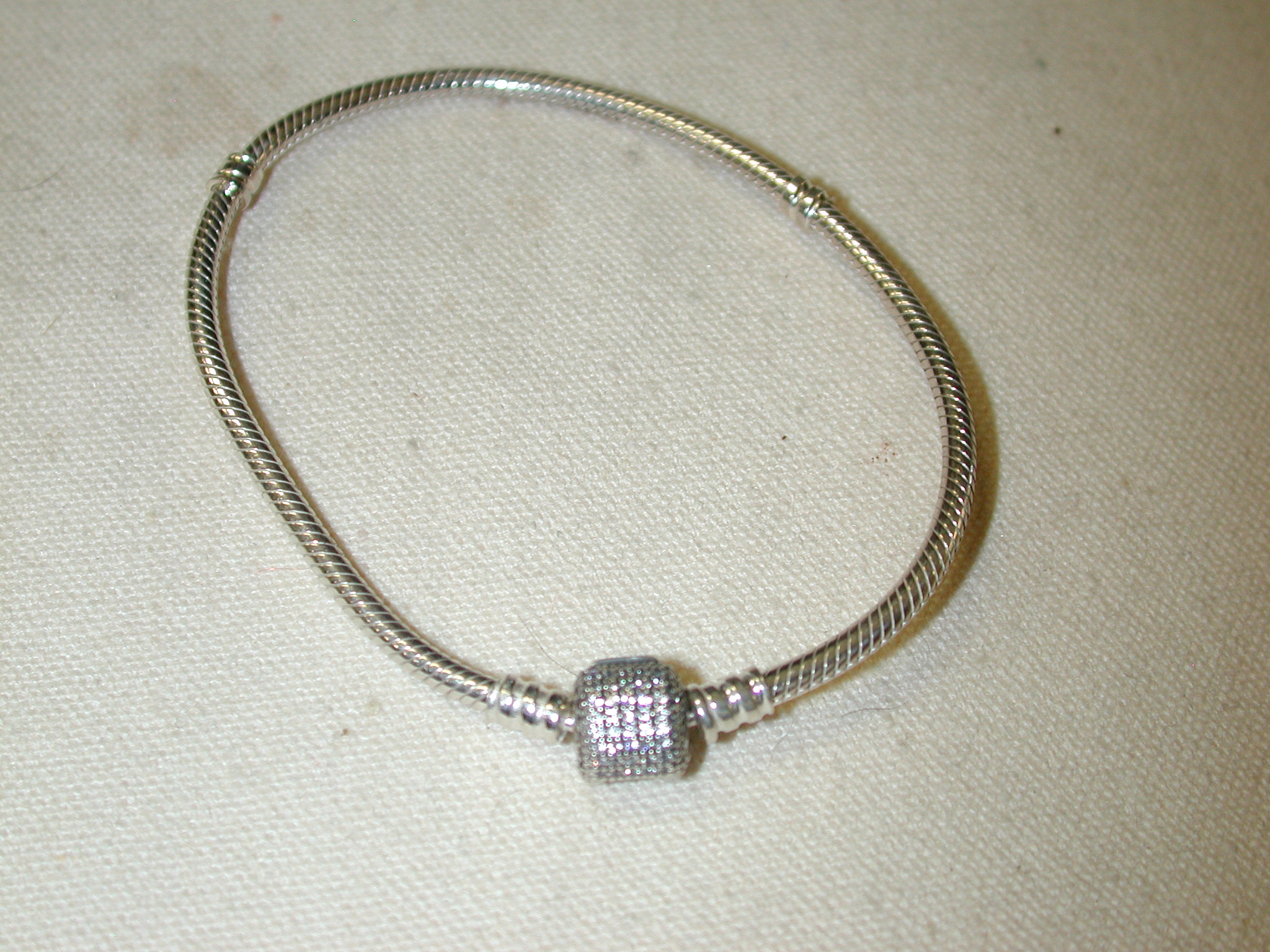 Pandora 8" Sterling Pave clasp charm snake chain bracelet