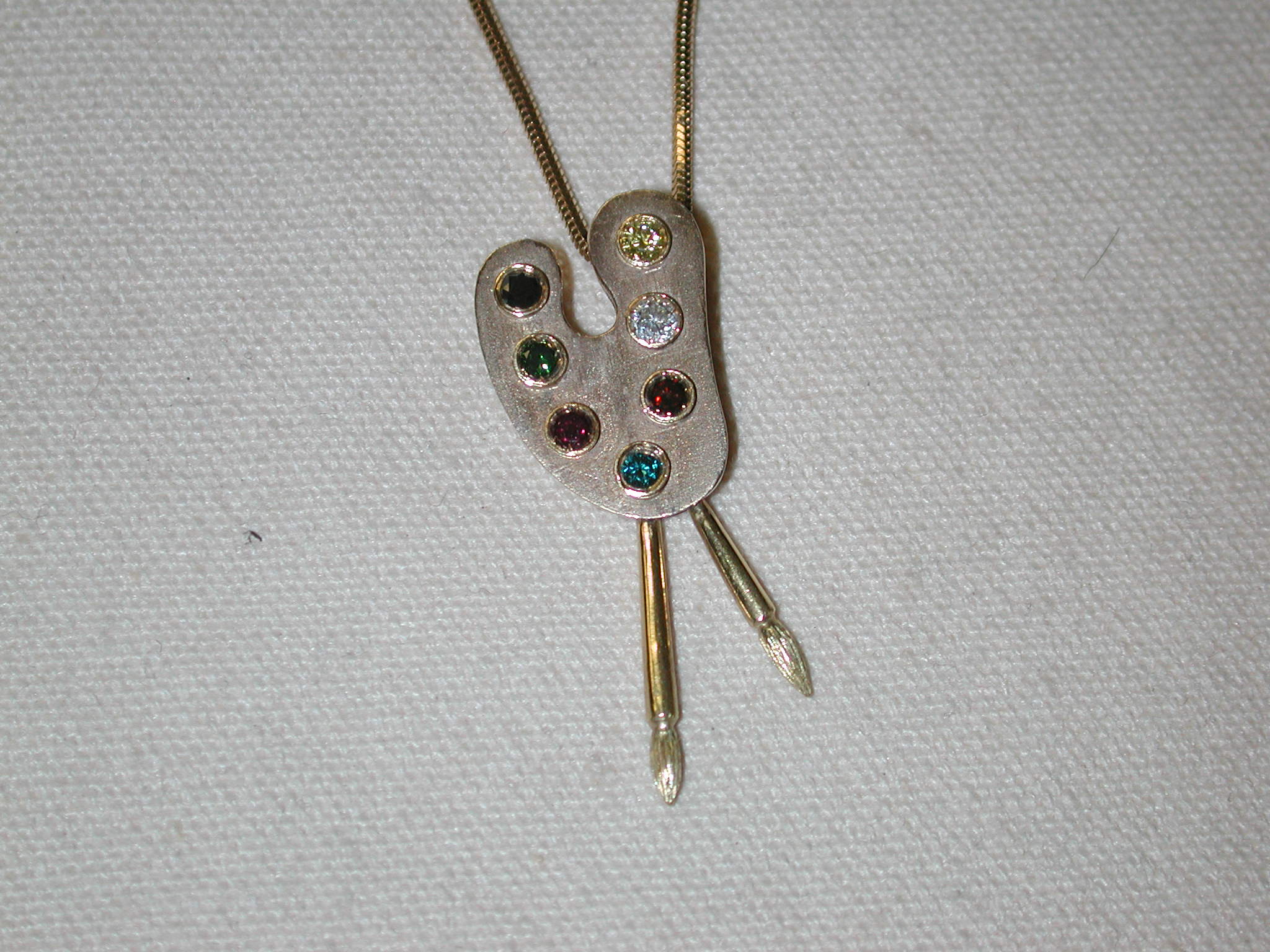 Malcolm Morley 18KT artist palette brushes colored diamond pendant