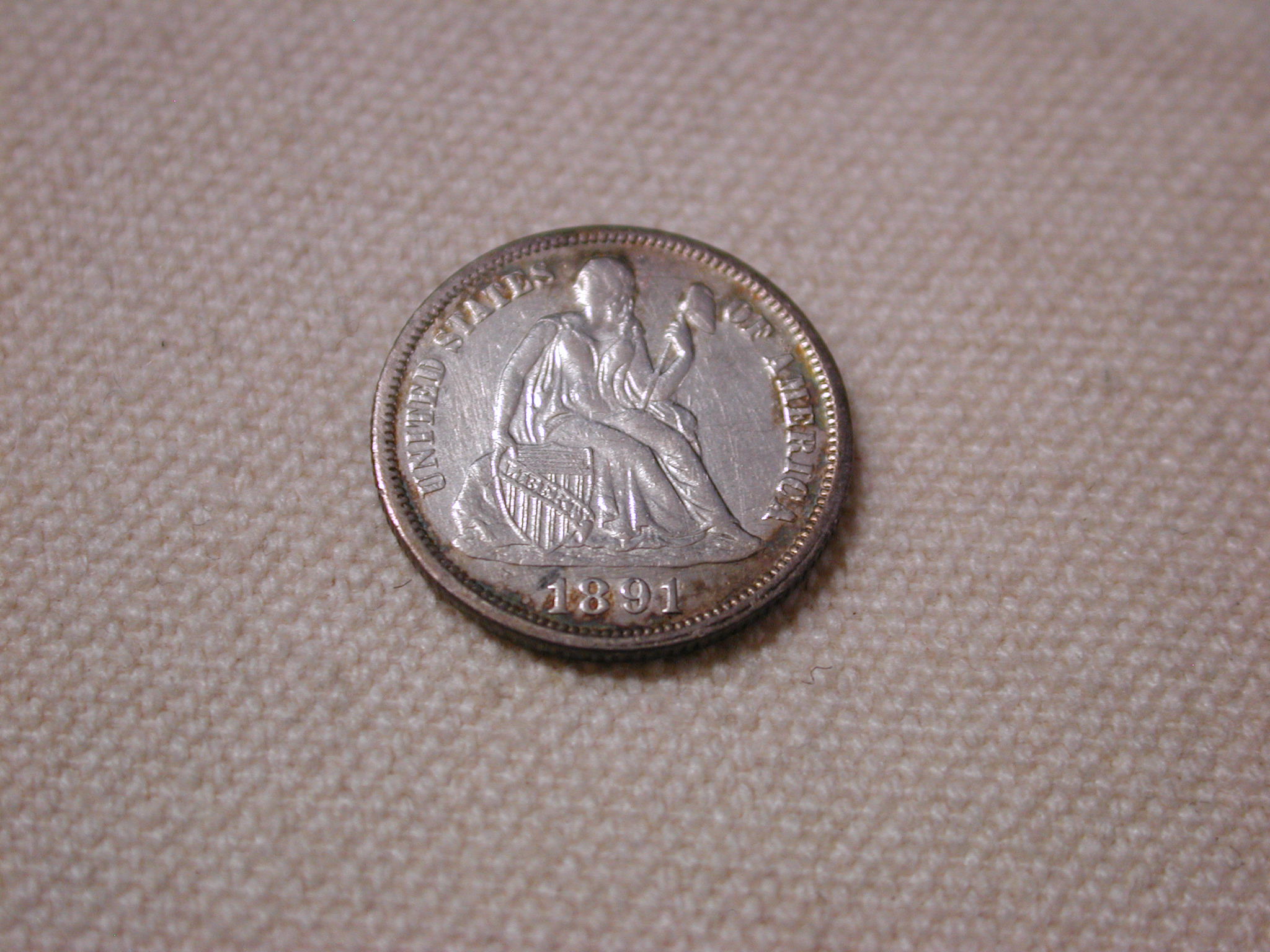 1891 U.S Liberty Seated Dime Variety 4 About Uncirculated