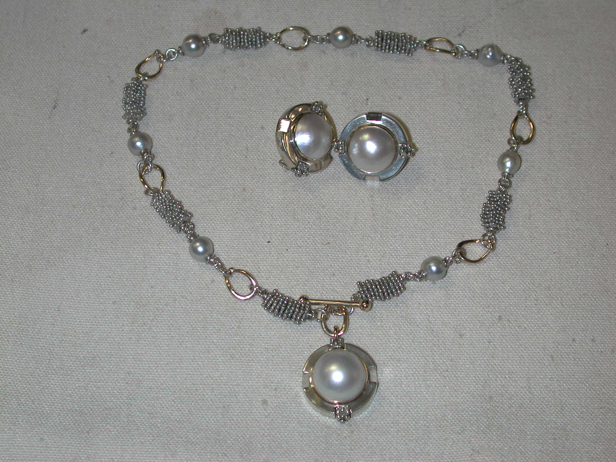 Michael Dawkins Sterling and Gold Pearl Popcorn Necklace Earring Set