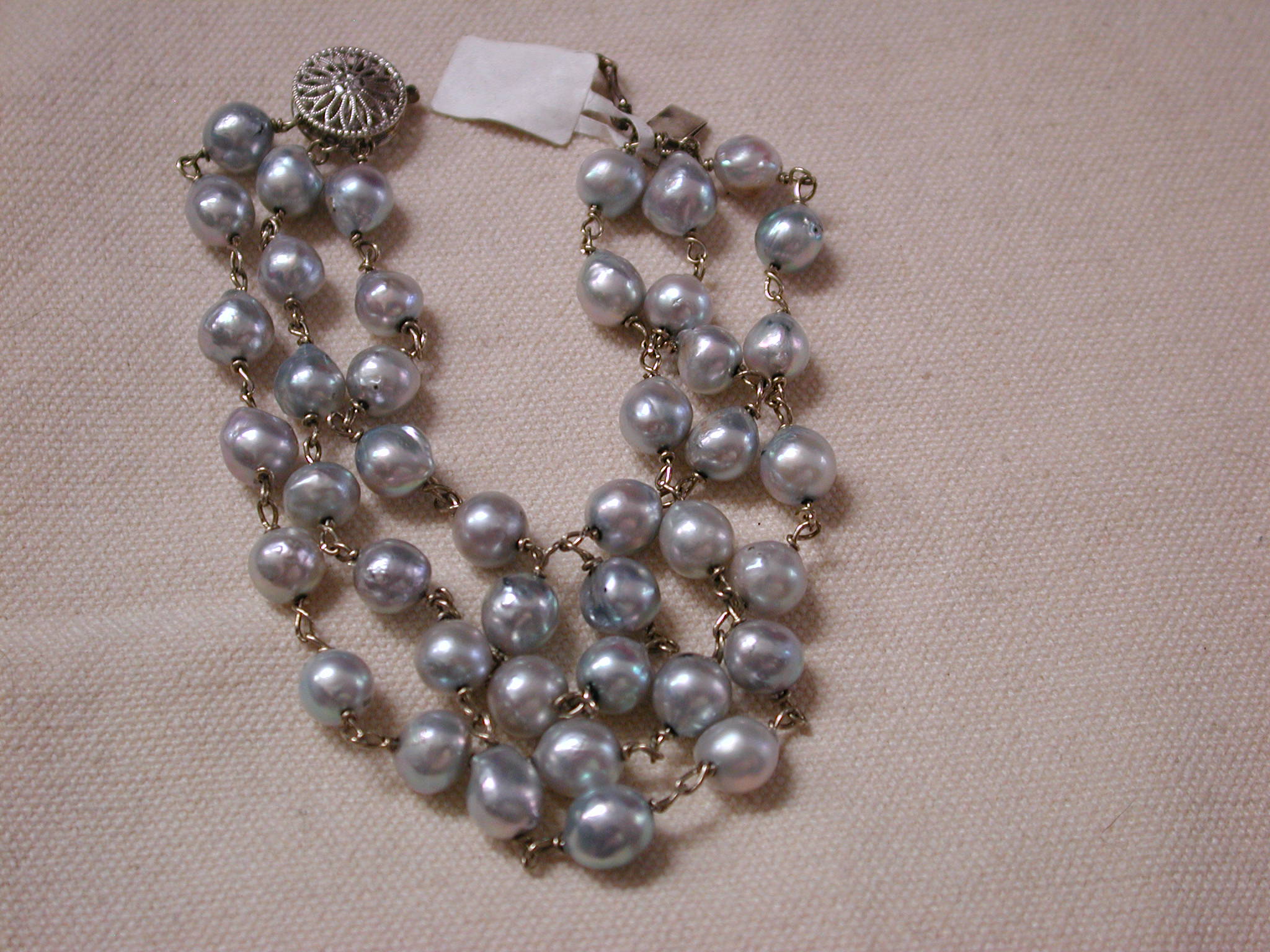 14KT white gold periwinkle Gray Baroque Pearl triple strand Bracelet 7 inches