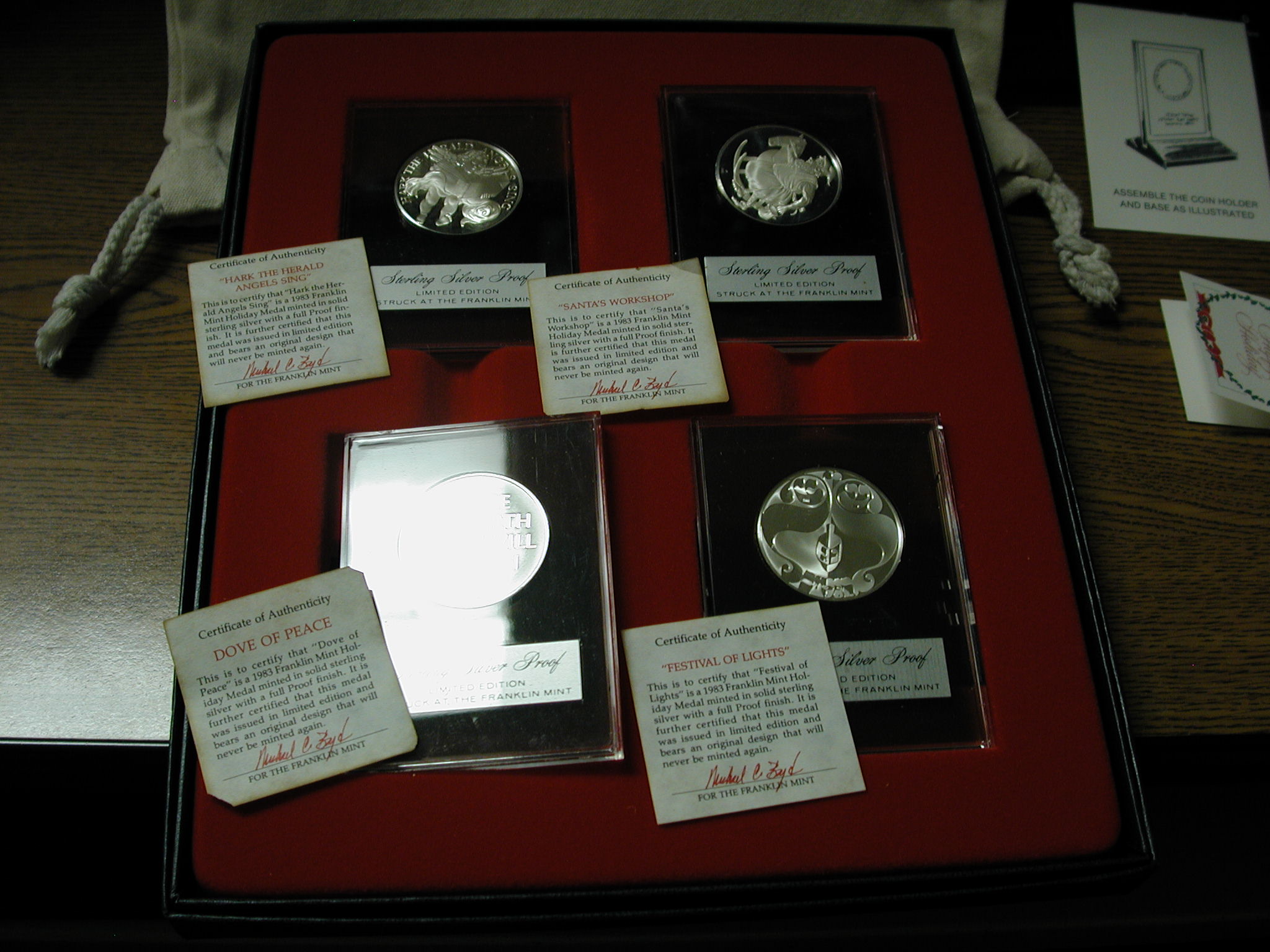 1984 Franklin Mint Holiday .925 Silver Medal set of 4 Angels-Santa-Peace-Festival of Lights