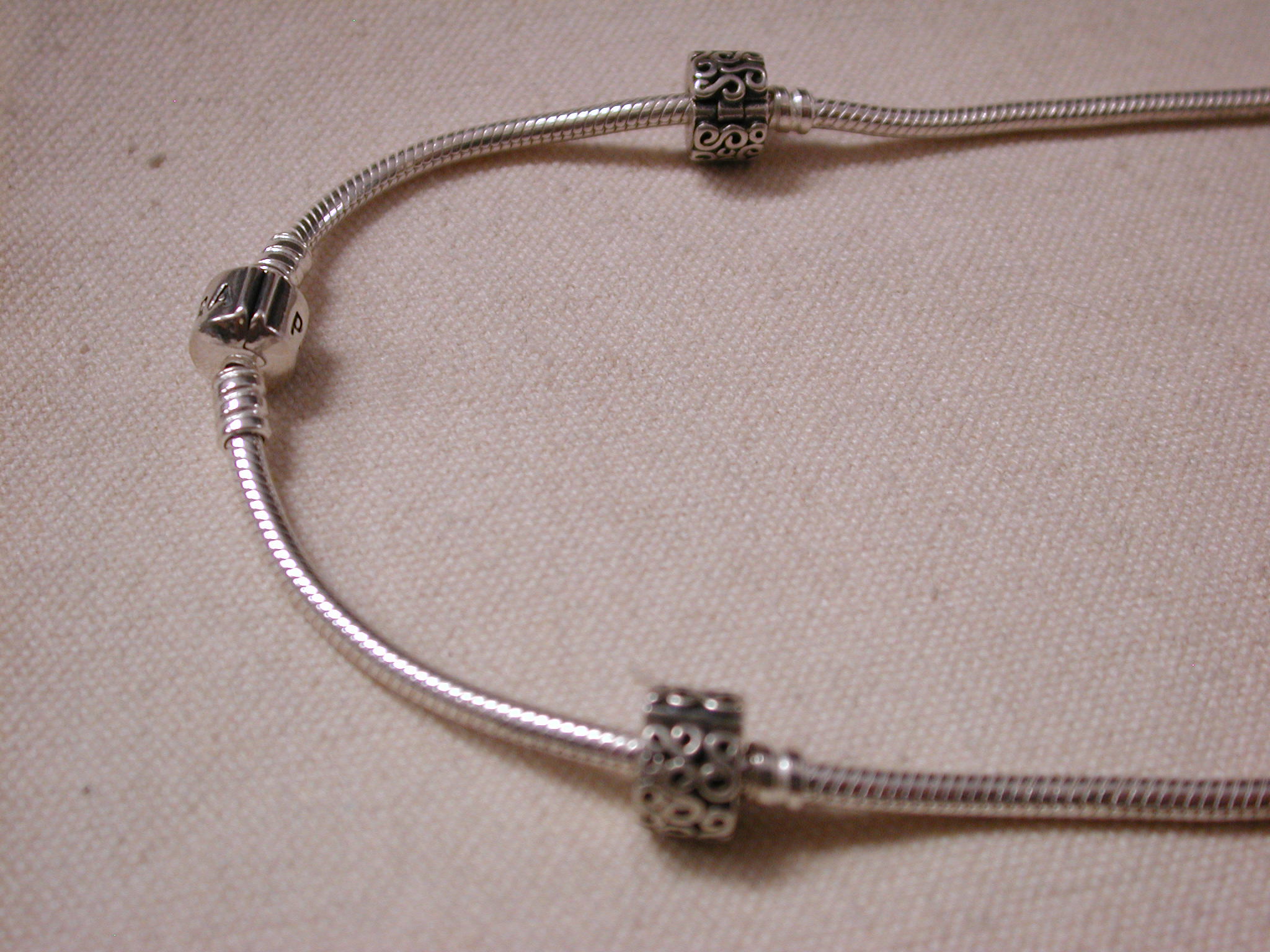 Pandora sterling 17" necklace with 2 Bali clip beads