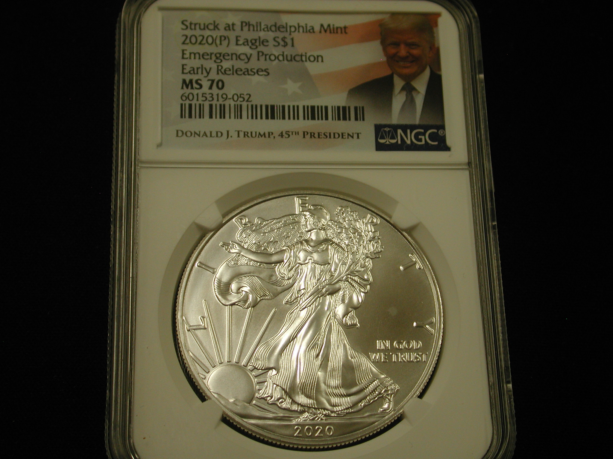 2020 P Silver Eagle NGC MS70 Emergency Prod./Early Release - Pres. Donald Trump