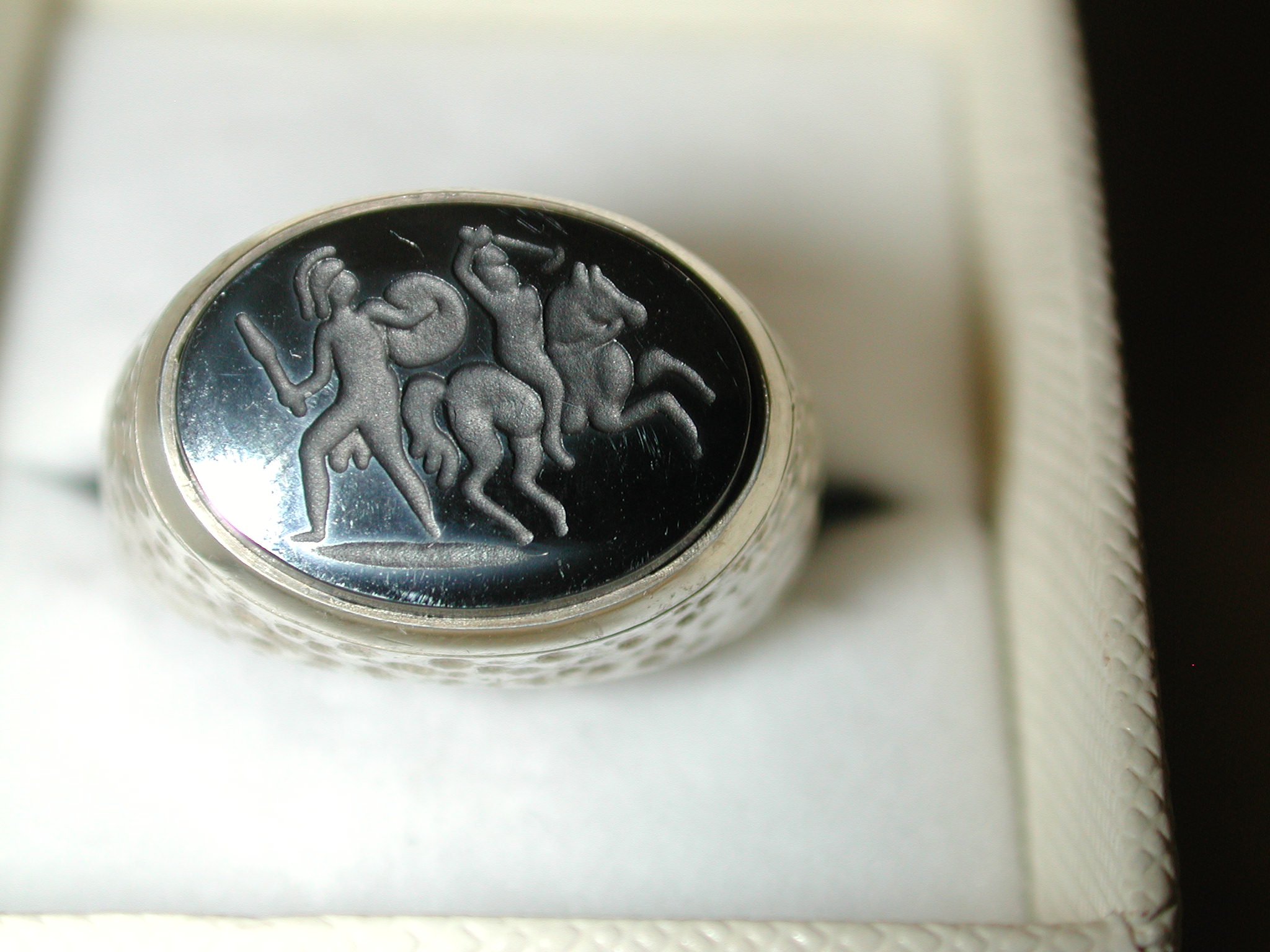 Sterling Hammered Warrior Signet Intaglio ring size 12 Goth-GOT-Viking Carved Hematite