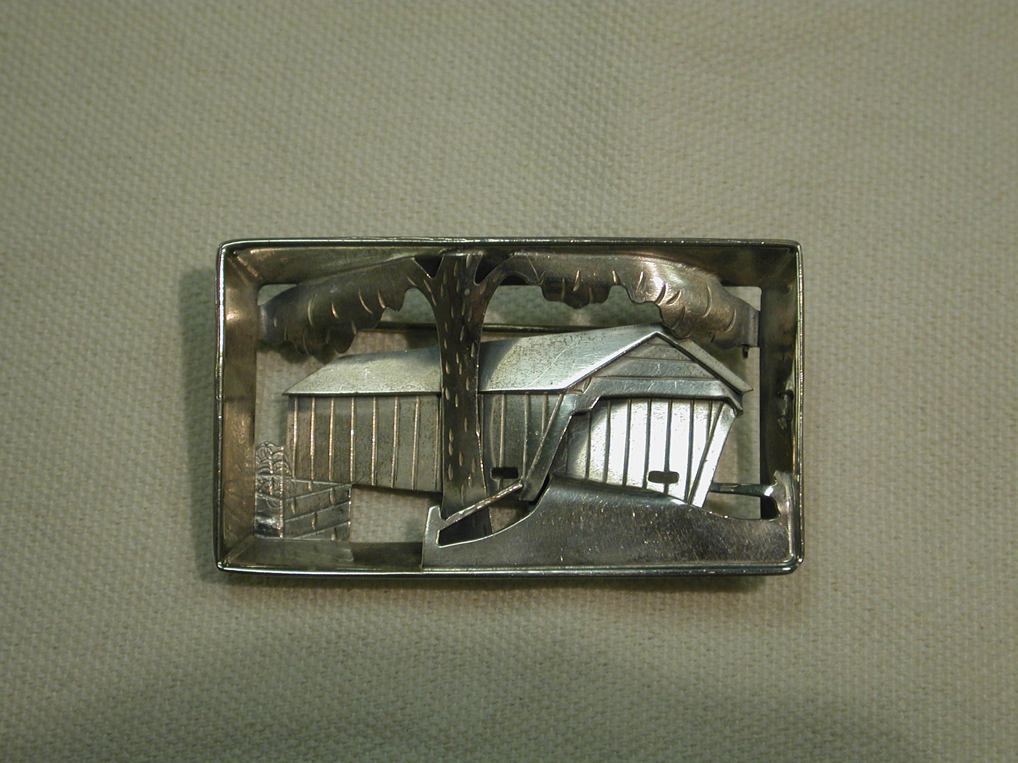 Sterling Modernist covered bridge 3D landscape framed brooch Signed AG
