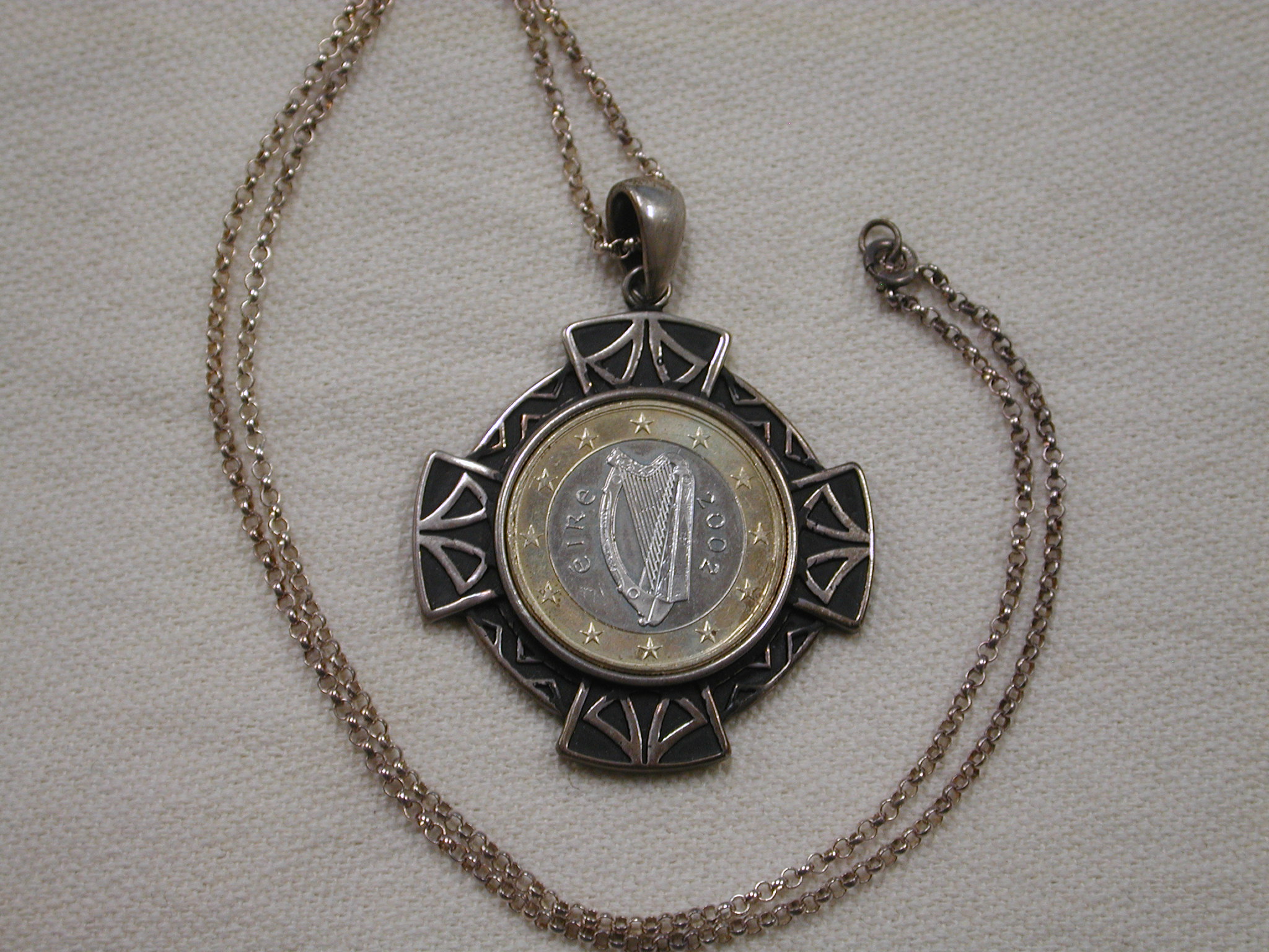 Sterling Celtic Cross Milor Italy pendant with 2002 1 euro coin 18"