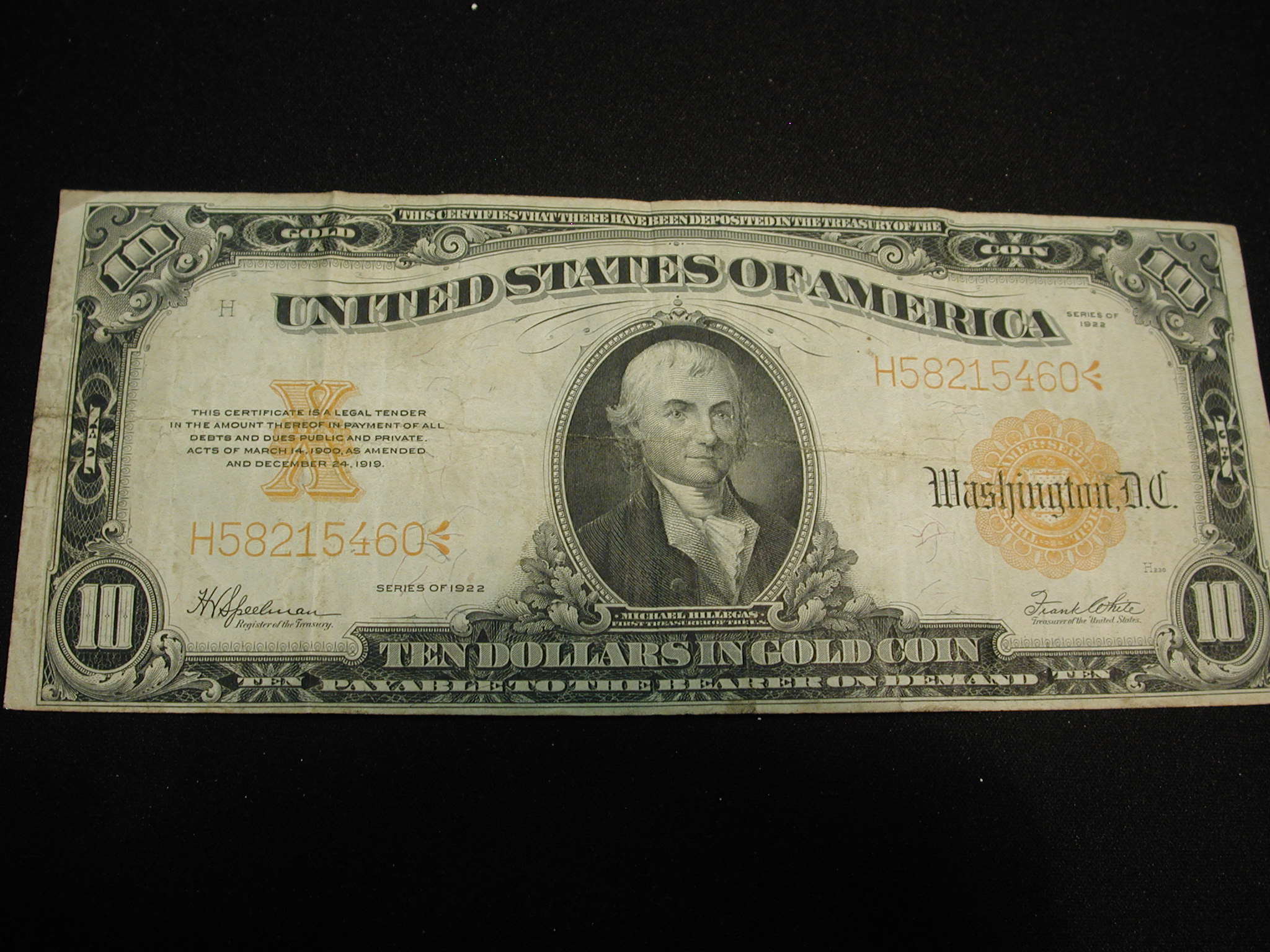 U.S Ten Dollar 1922 Series Gold Seal Gold Certificate XF