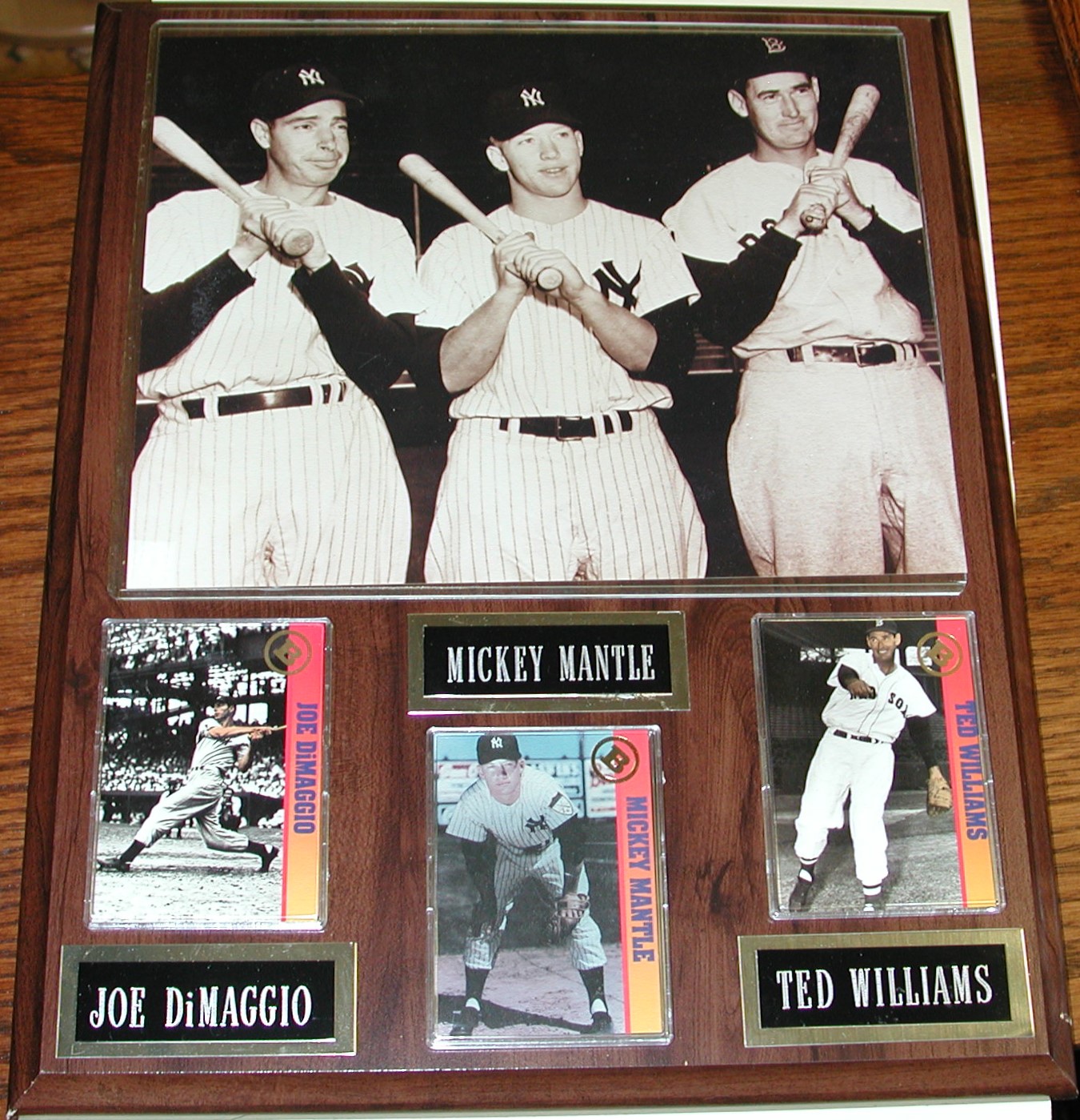 Mickey Mantle, Joe DiMaggio, Ted Williams 12x15 Plaque with Trading Cards