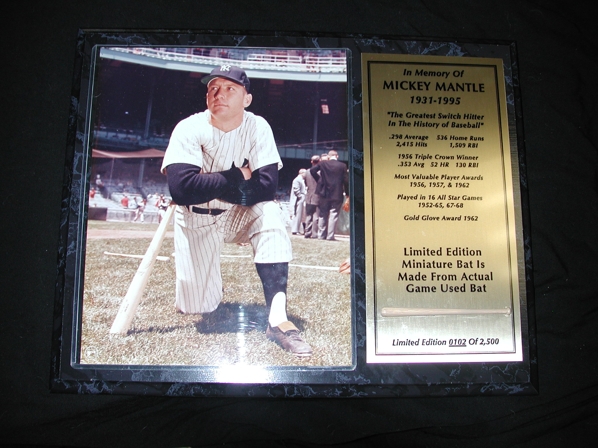 Mickey Mantle Limited Edition Plaque Miniature Bat Made from Actual Game  Used Bat