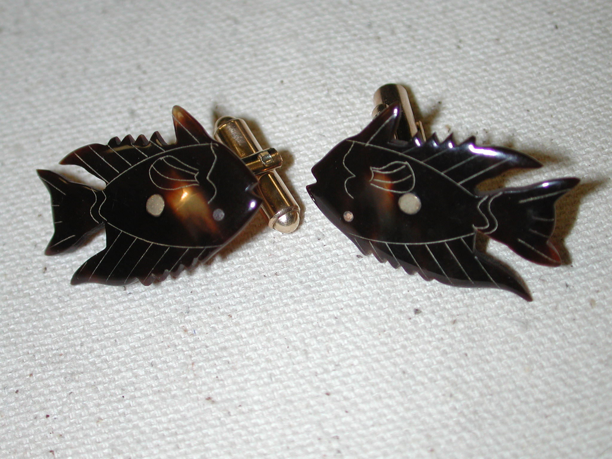 Fish cufflinks – carved etched faux shell – Gold Filled