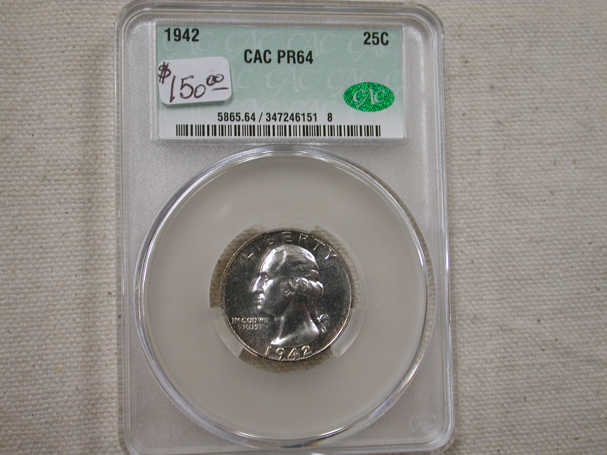 1942 Washington Quarter Proof  CAC  PR64