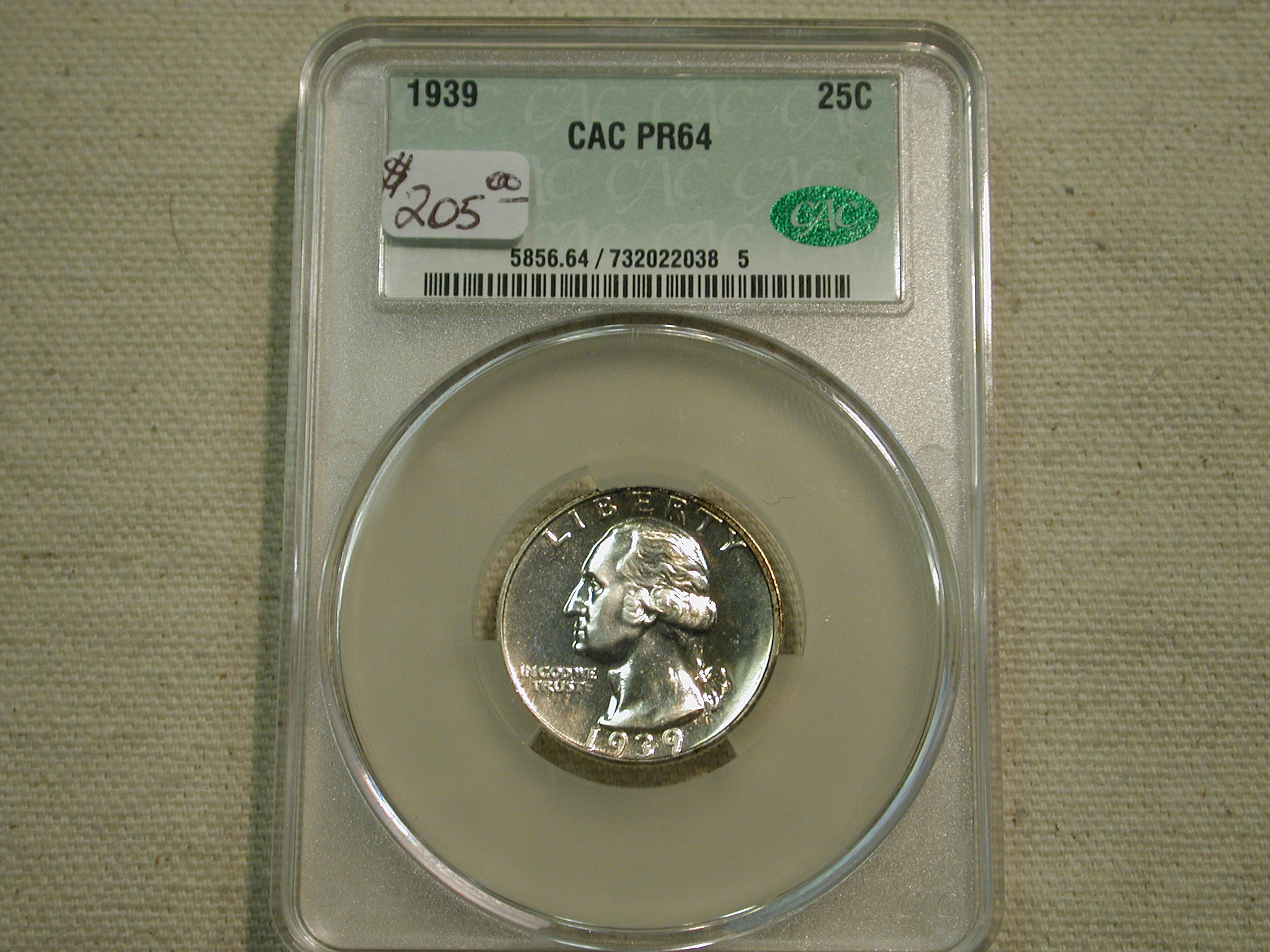 1939 Proof Washington Quarter  CAC PR64 25C