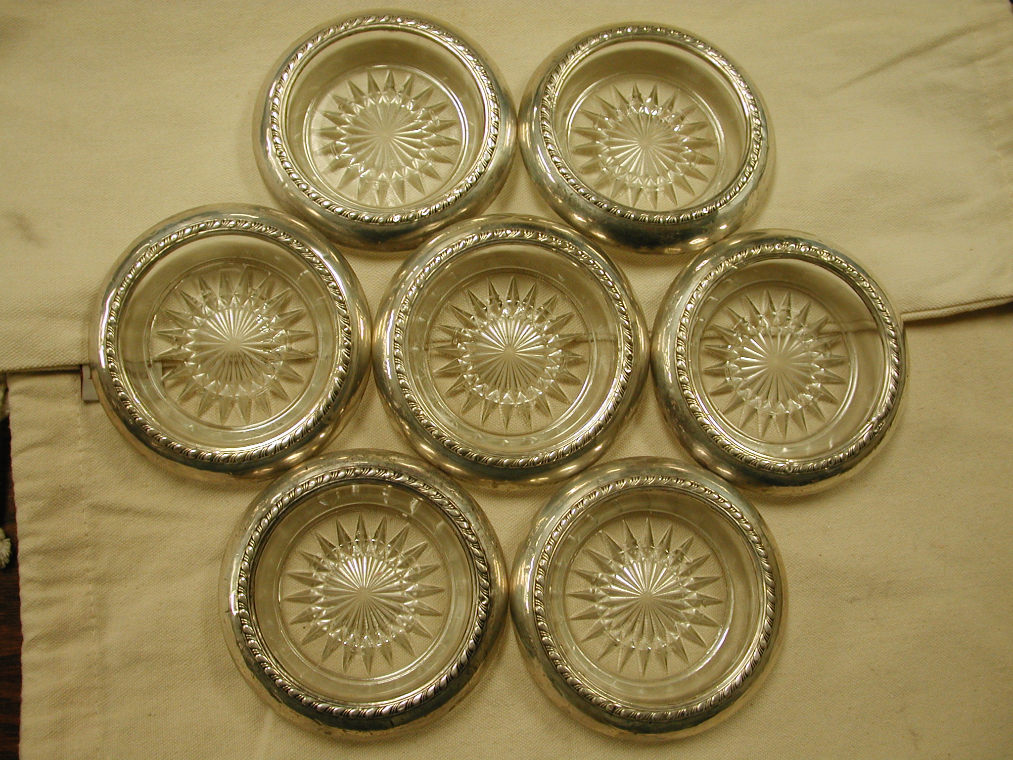 Vintage Sterling wrapped Crystal Coasters set of 7