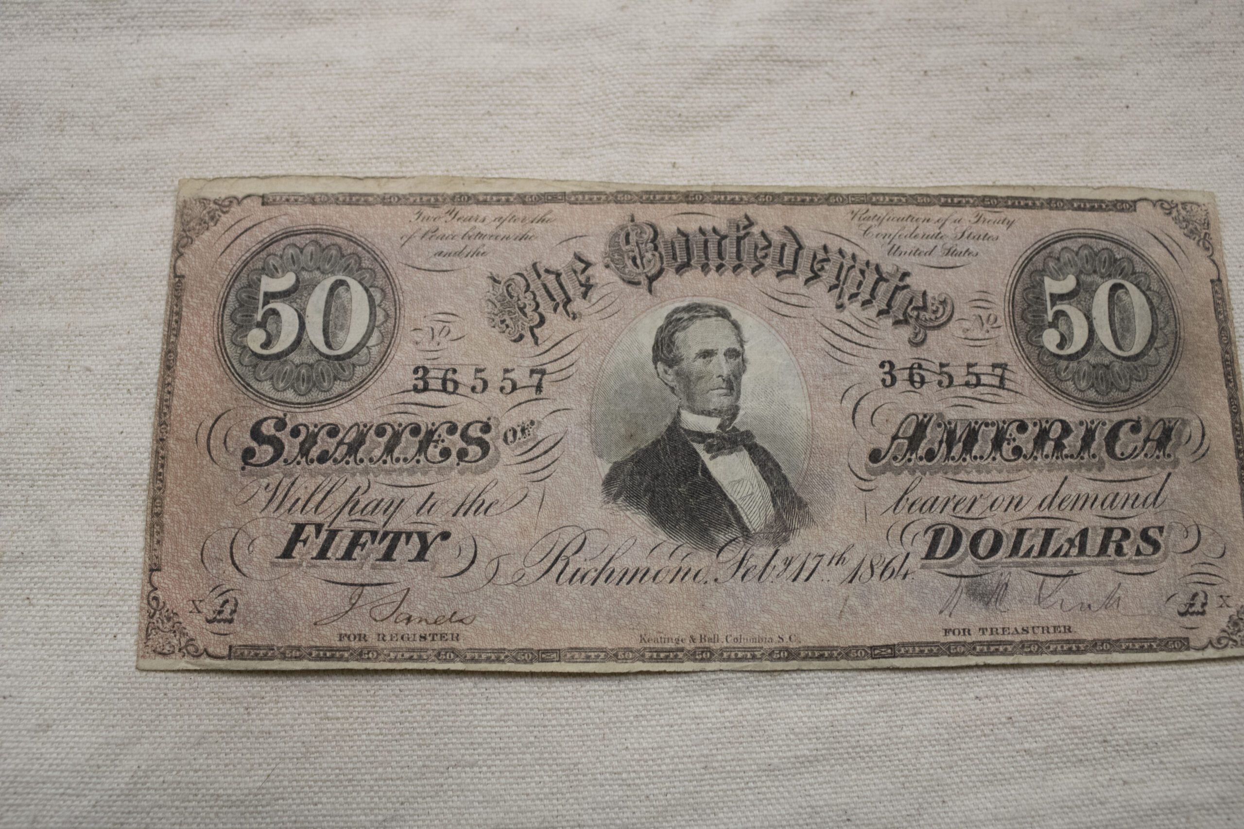 U.S The Confederate states of America $50 Richmond 1864 Very Fine