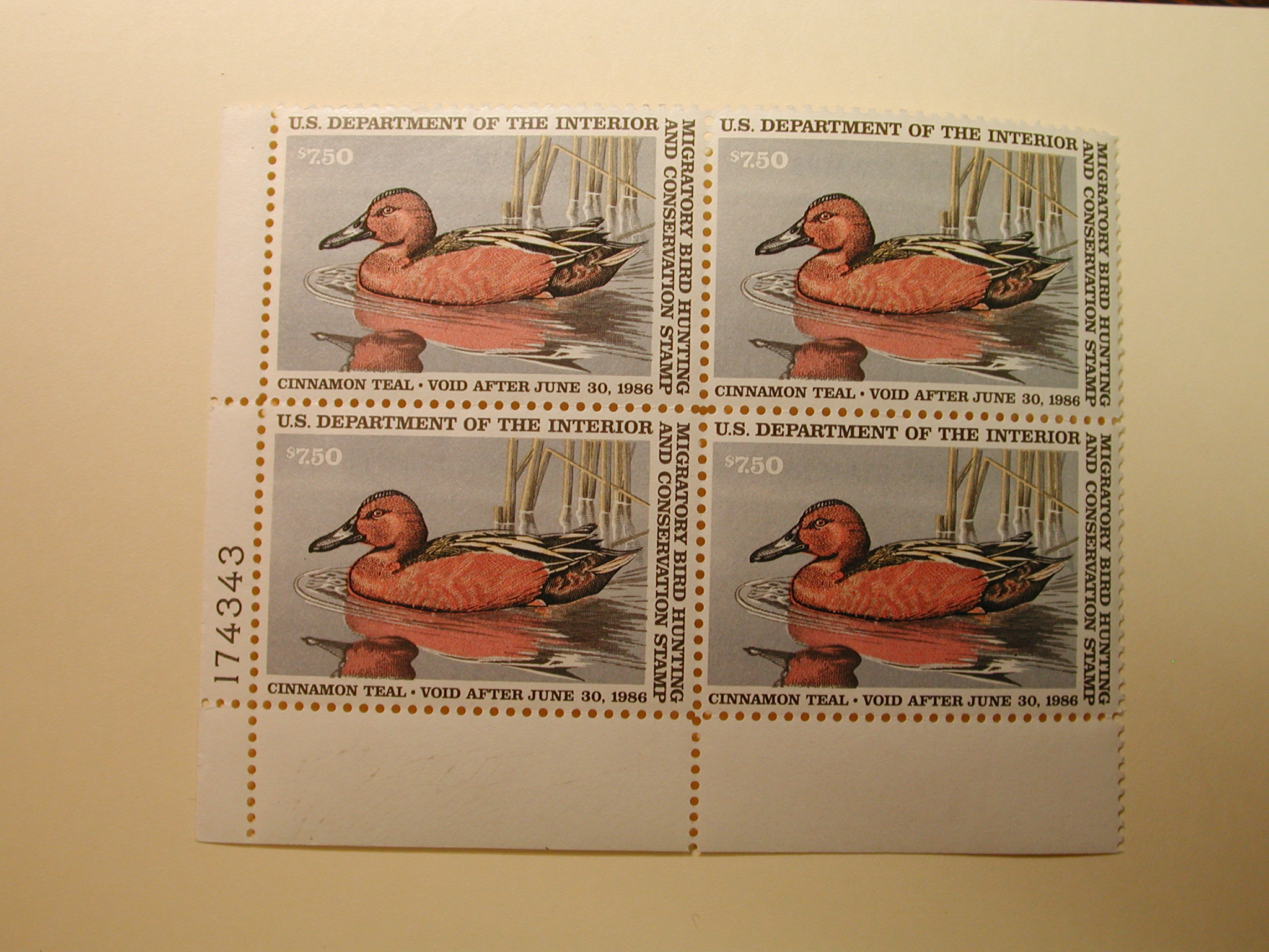 U.S. Duck Stamps Plate Block $7.50 Cinnamon Teal US Department of The Interior