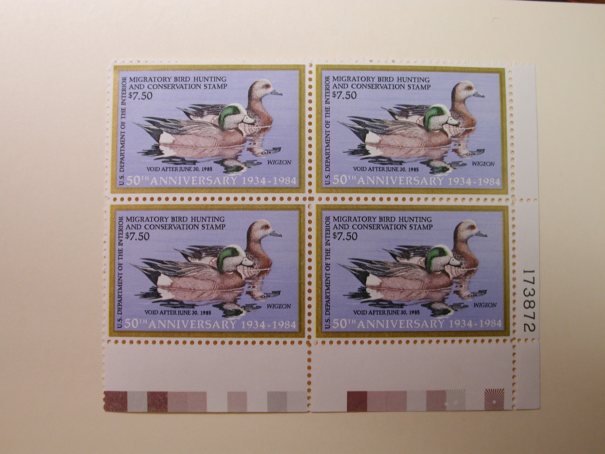 U.S. Duck Stamps Plate Block $7.50 Wigeon* 50th Anniversary 1934-1984 /US Department of The Interior