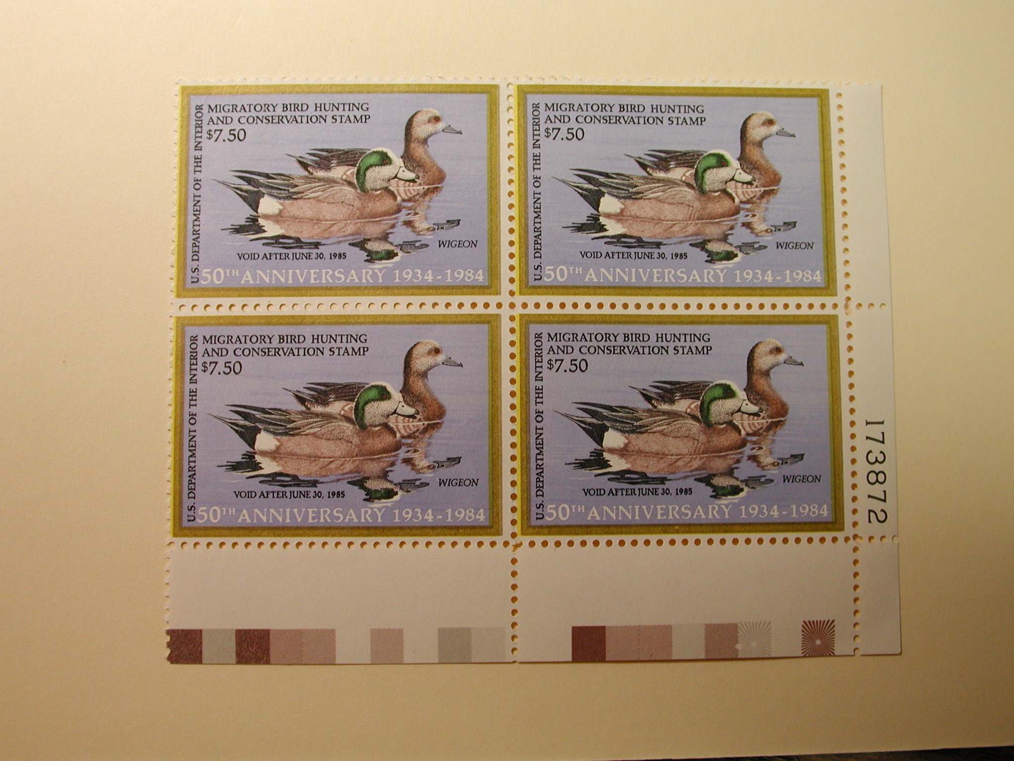 U.S. Duck Stamps Plate Block $7.50 Wigeon 50th Anniversary 1934-1984 /US Department of The Interior