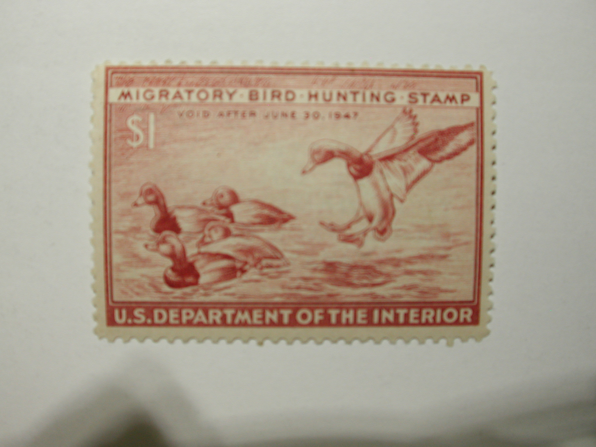 US Department of Interior Scott #RW13 $1 Redhead Ducks 1946, MNH