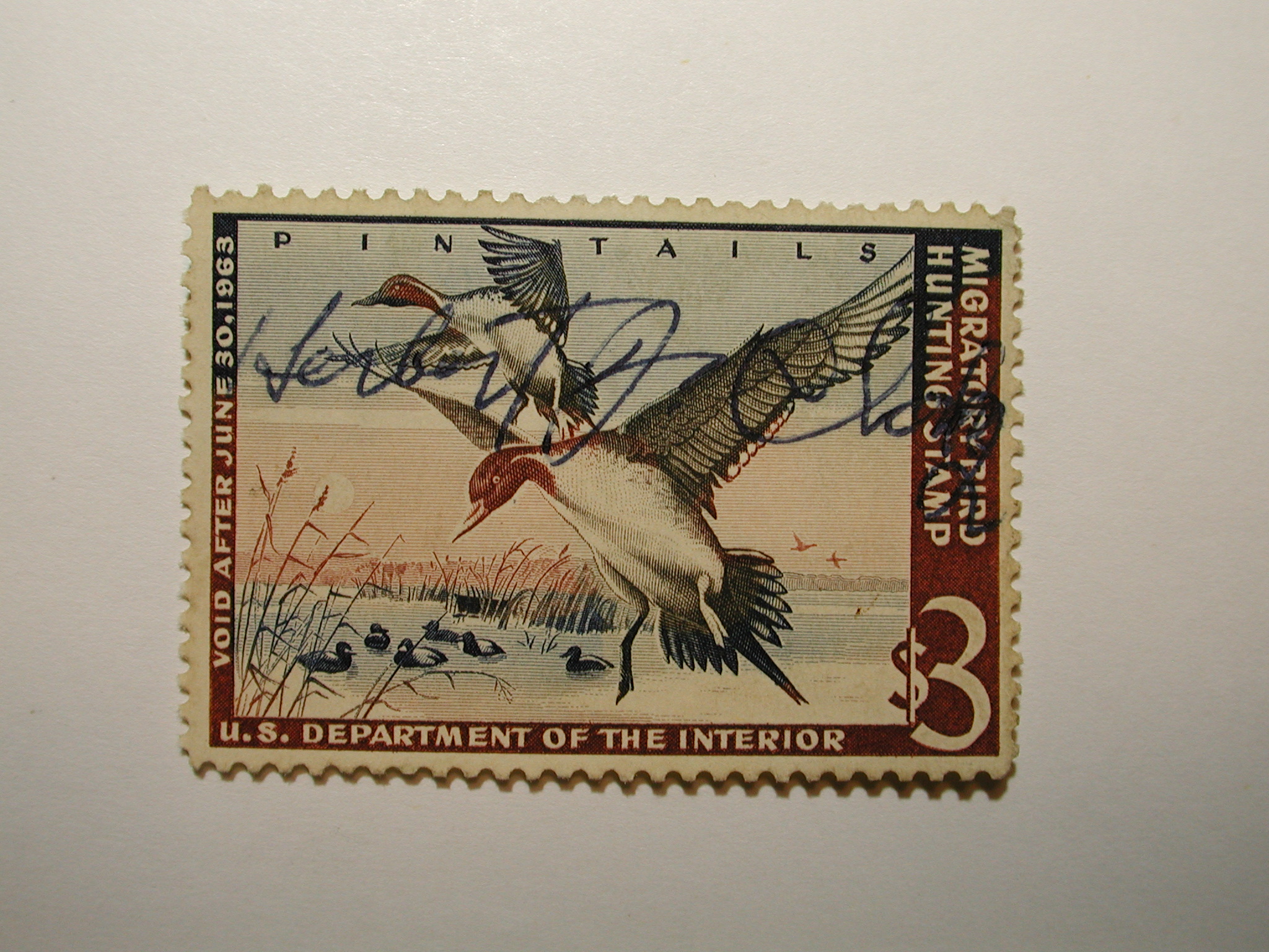 US Department of Interior Scott #RW29* $3 Pintail Drakes 1962, Used & Signed