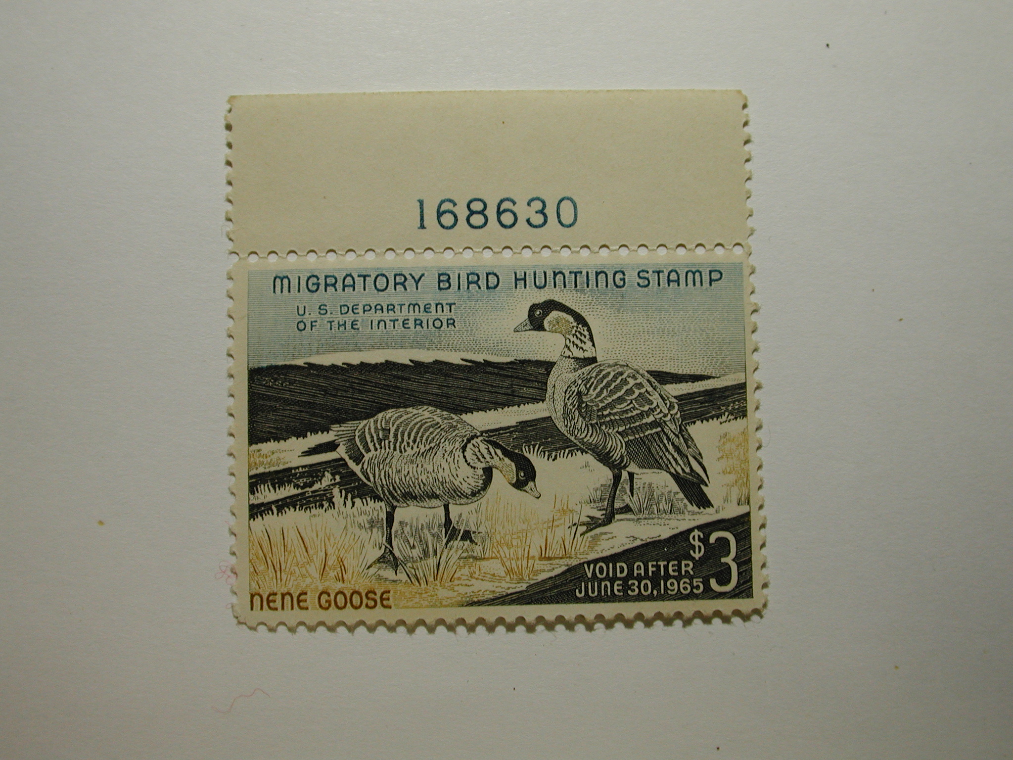 US Department of Interior Scott #RW31 $3 NeNe Goose 1964, MNH Plate Single Stamp #168630