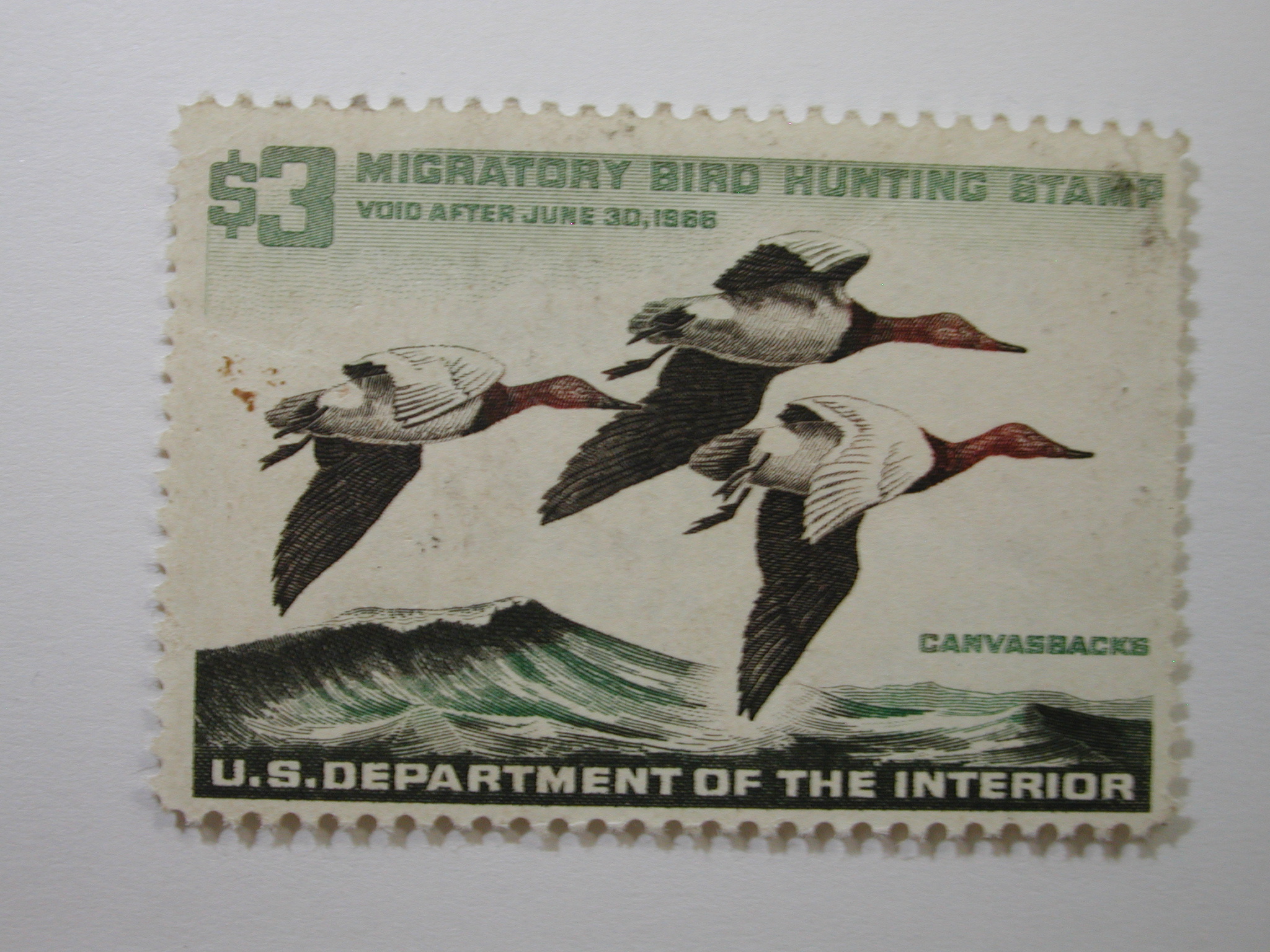 US Department of Interior Scott #RW32** $3 Canvas Backs Duck Stamp 1965, MNH