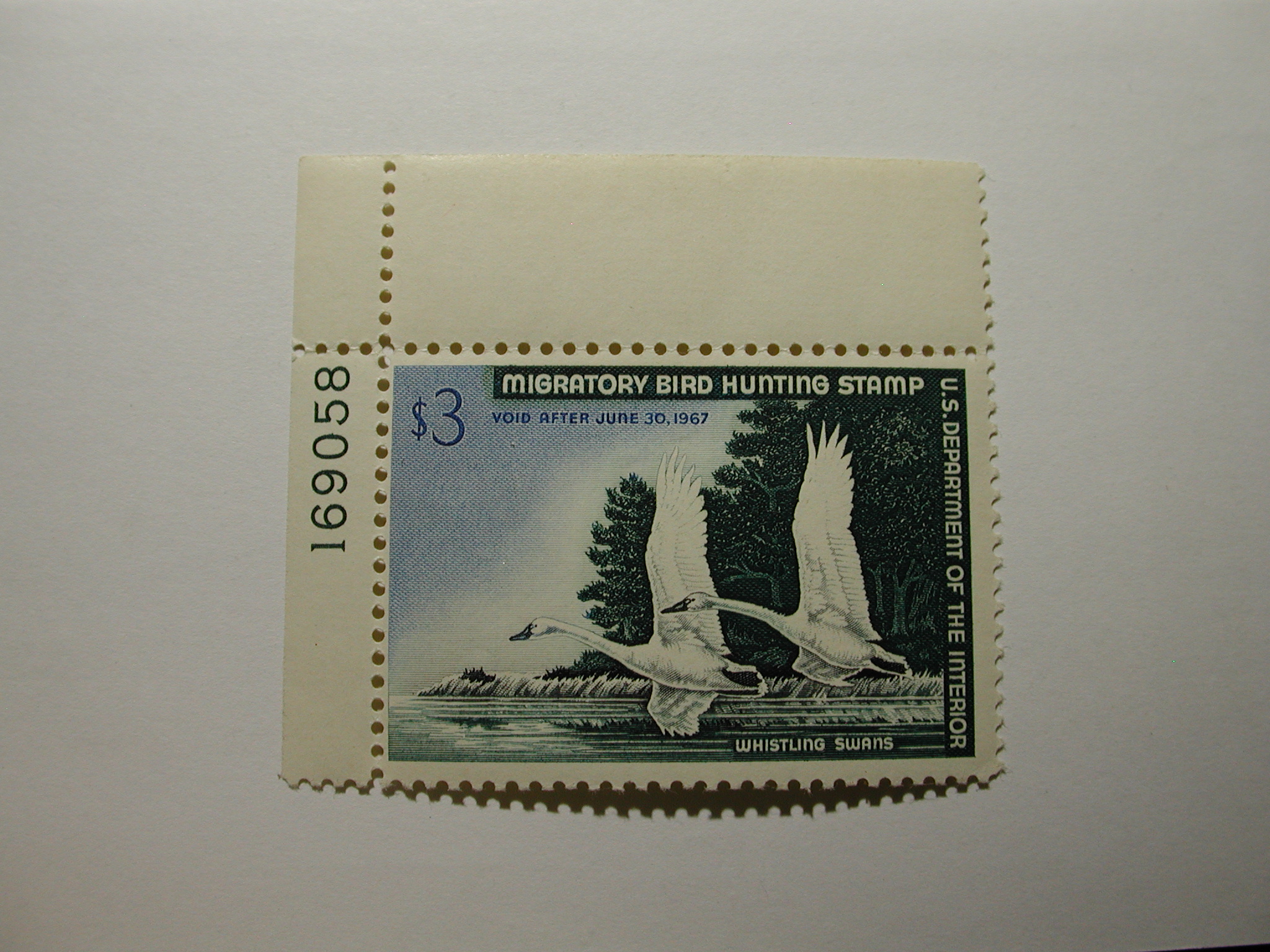 US Department of Interior Scott #RW33 $3 Whistling Swans 1966, MNH Plate Single #169058