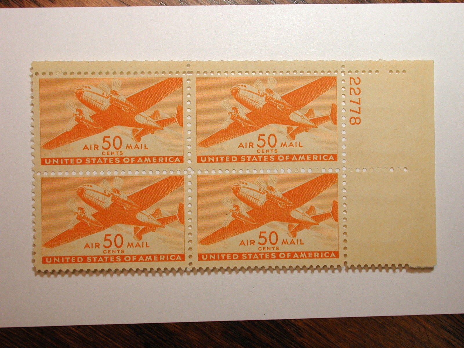 US Scott #C31 50 Cent OG NH Plate Block of 4 Airmail Stamps, Small Thins