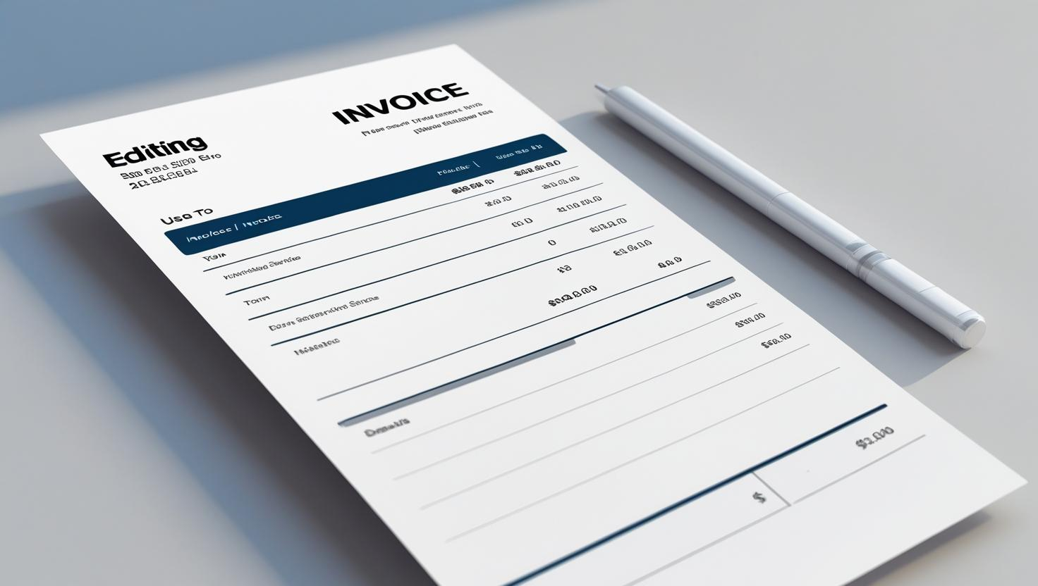A printed invoice labeled "Editing" with itemized charges, totals, and a pen placed diagonally beside it on a light gray surface.