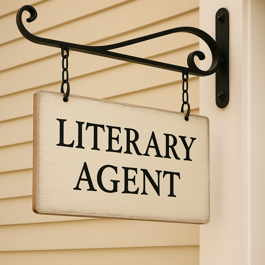 A wooden sign reading "Literary Agent" hangs from a black metal bracket on a beige exterior wall.