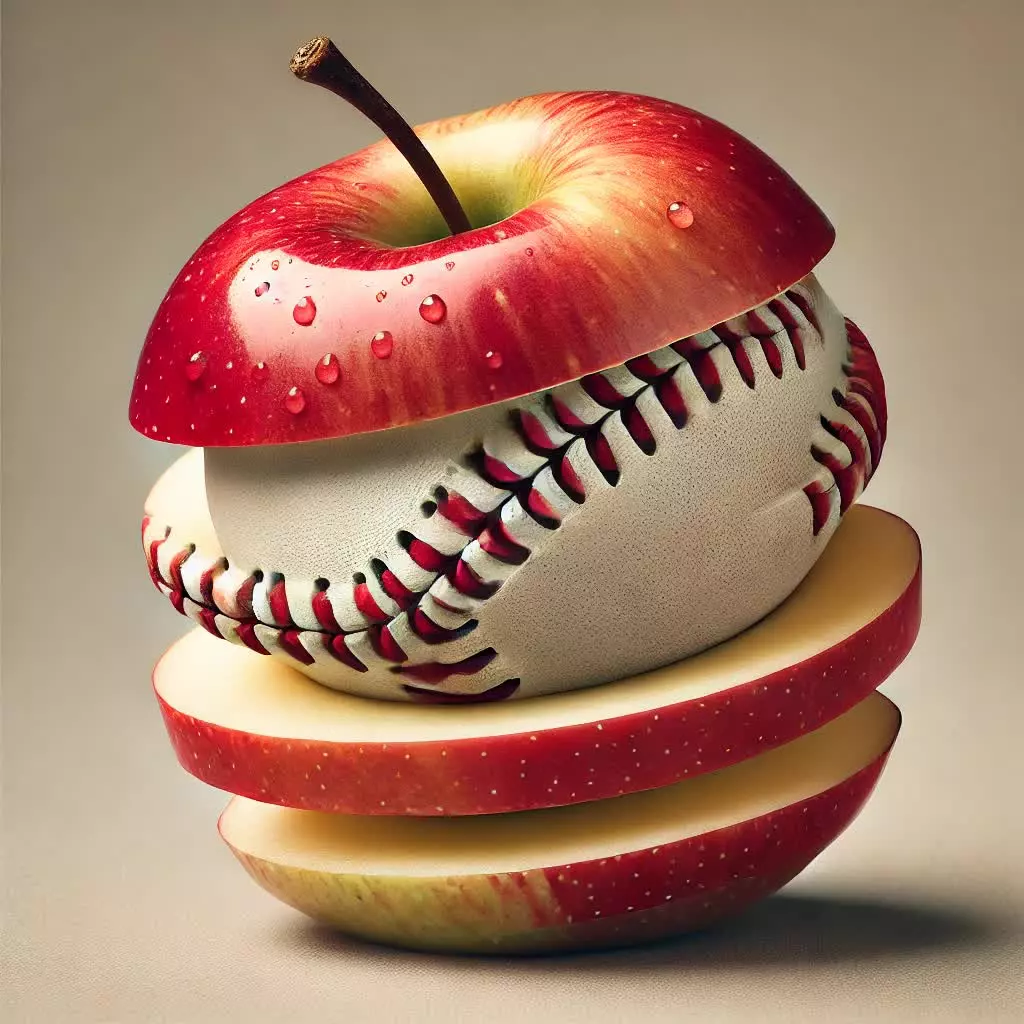 A composite image of an apple and a baseball, with slices of the apple revealing the baseball inside, showcasing a creative blend of fruit and sport.