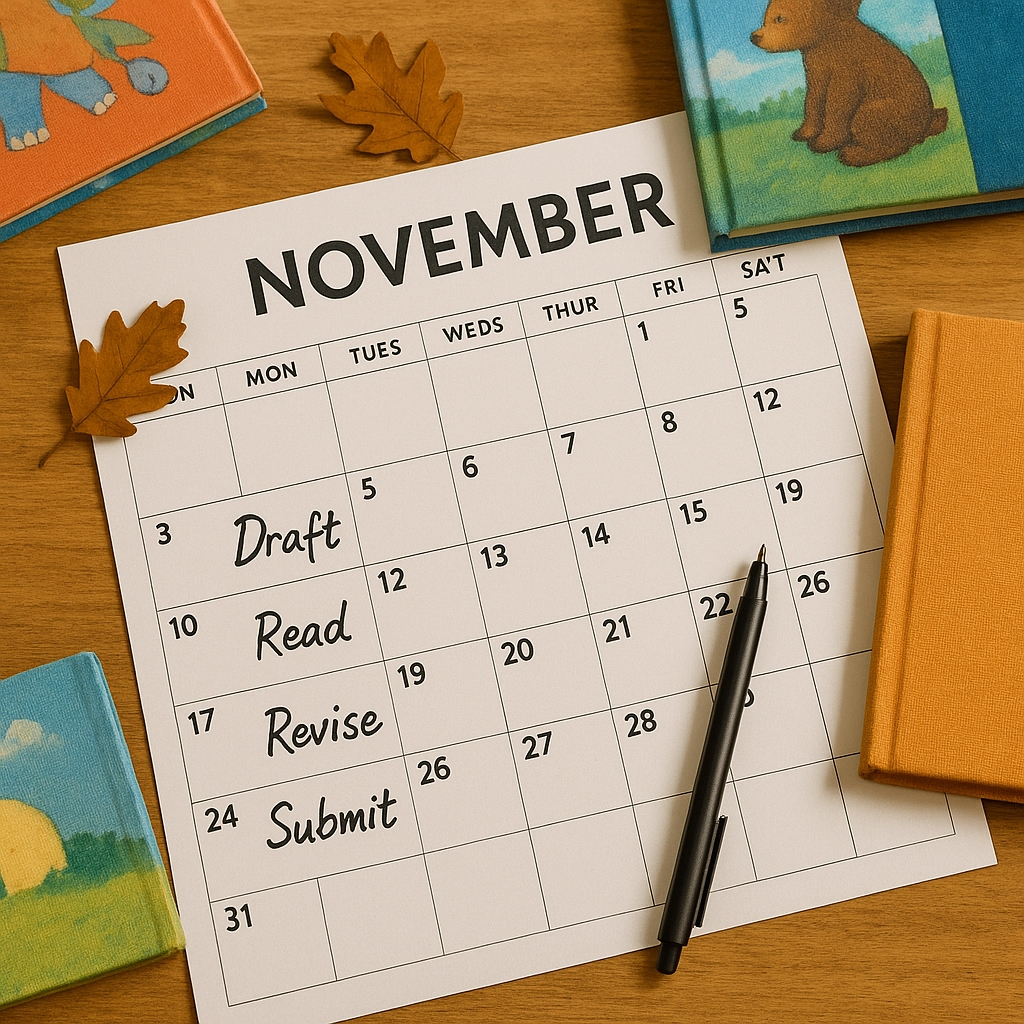 A November calendar on a desk with books, leaves, and a pen, showing tasks: Draft, Read, Revise, and Submit written on different weeks.
