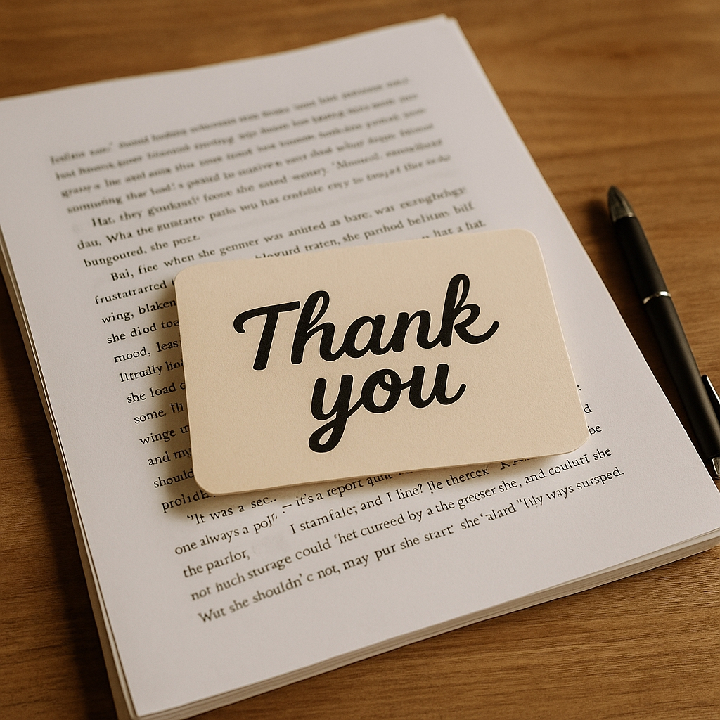 A "Thank you" card placed on a stack of printed pages with a pen beside them on a wooden desk.
