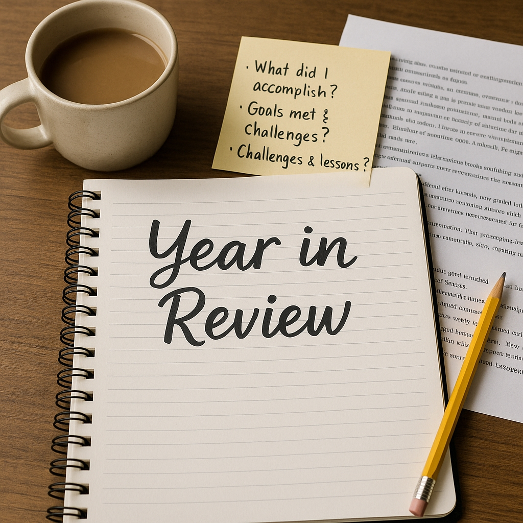A notebook with "Year in Review" written on it, a pencil, a cup of coffee, a document, and a sticky note listing reflective questions are on a wooden desk.