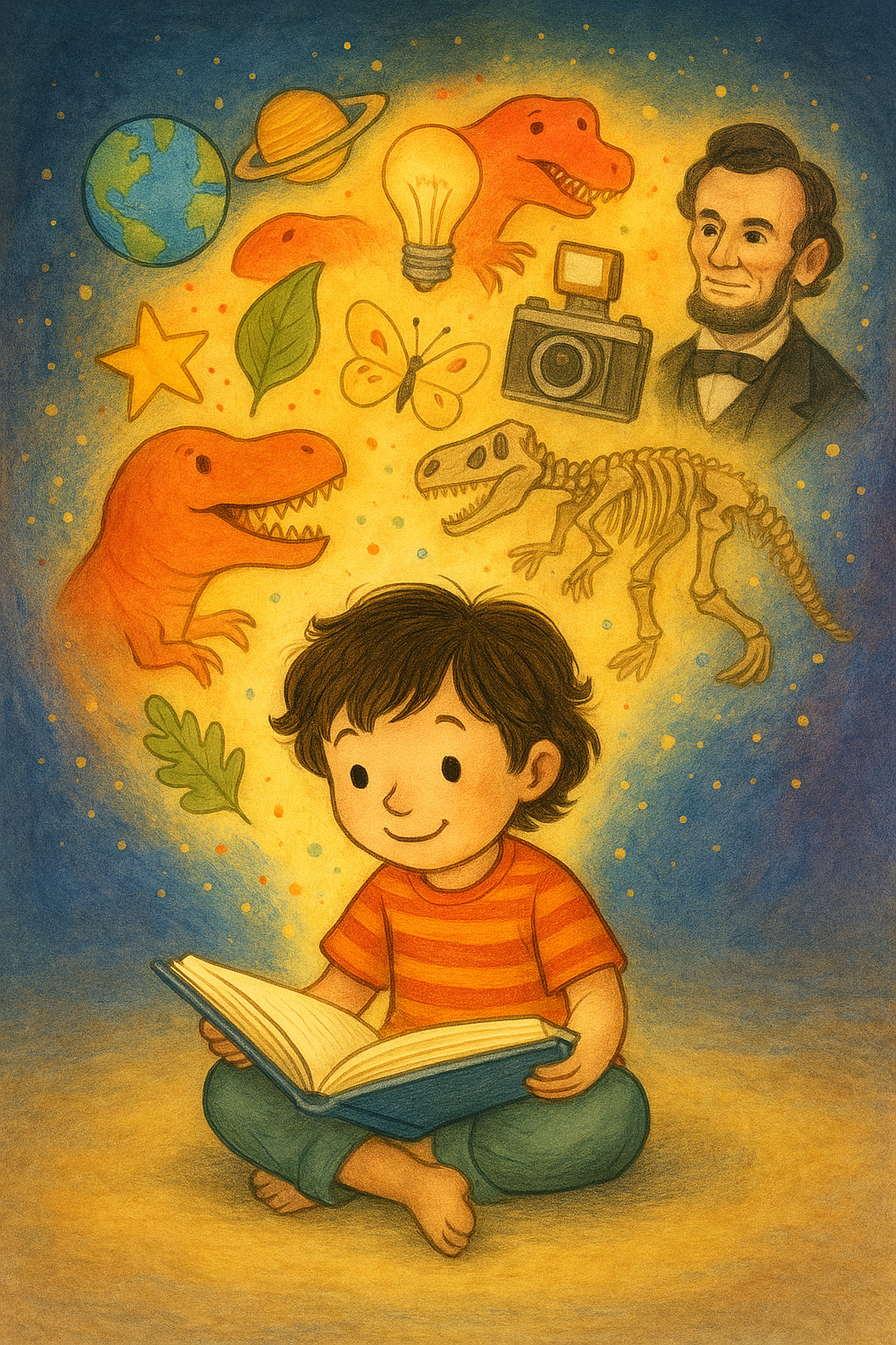A child sits cross-legged reading a book, with colorful illustrations of dinosaurs, a butterfly, camera, globe, light bulb, Abraham Lincoln, and other objects swirling above their head.