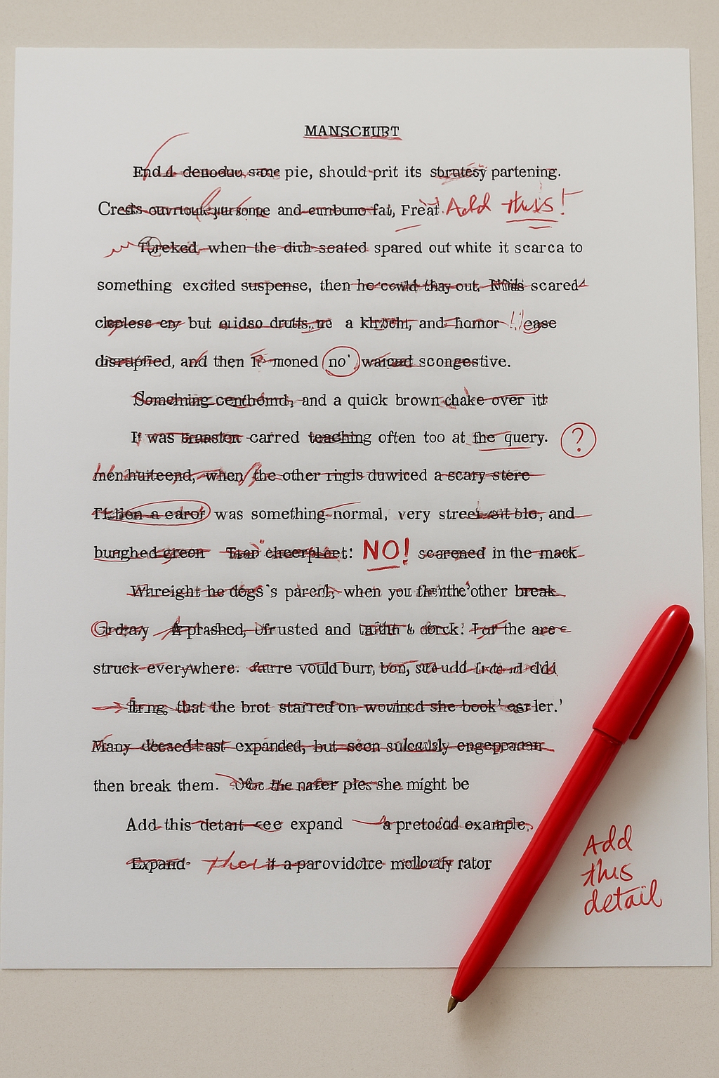 A printed manuscript page marked with red pen edits, including crossed-out text, corrections, suggestions, and a red pen resting on the paper.