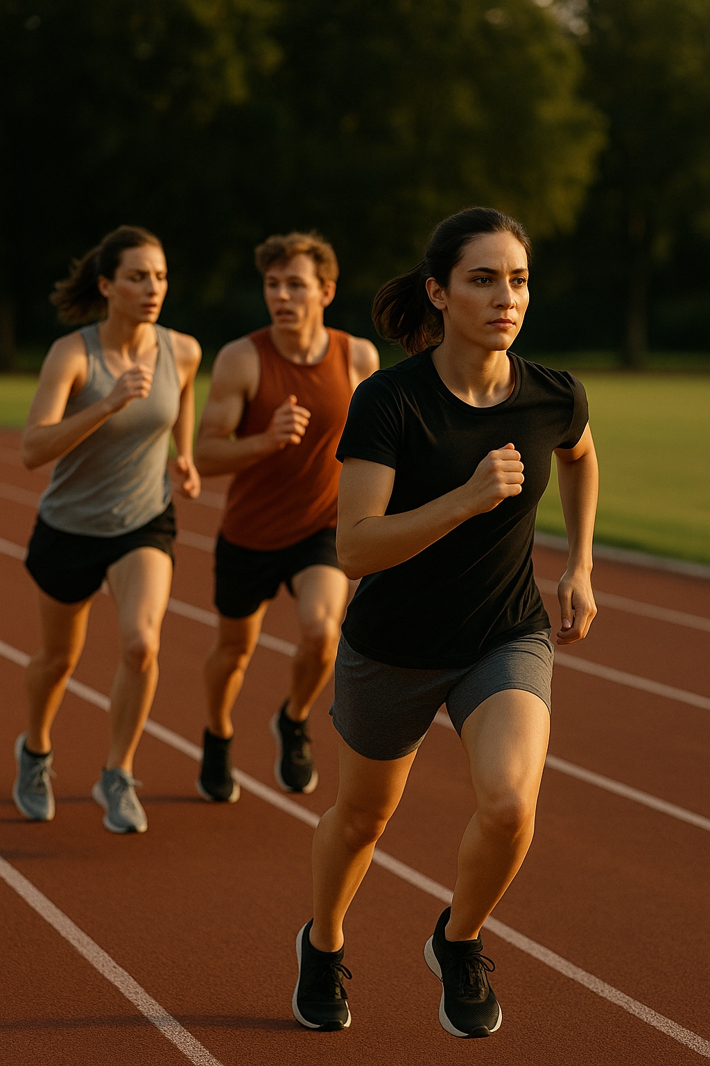 Three people are running on an outdoor track during the day, with one woman in the lead and two others closely following behind.